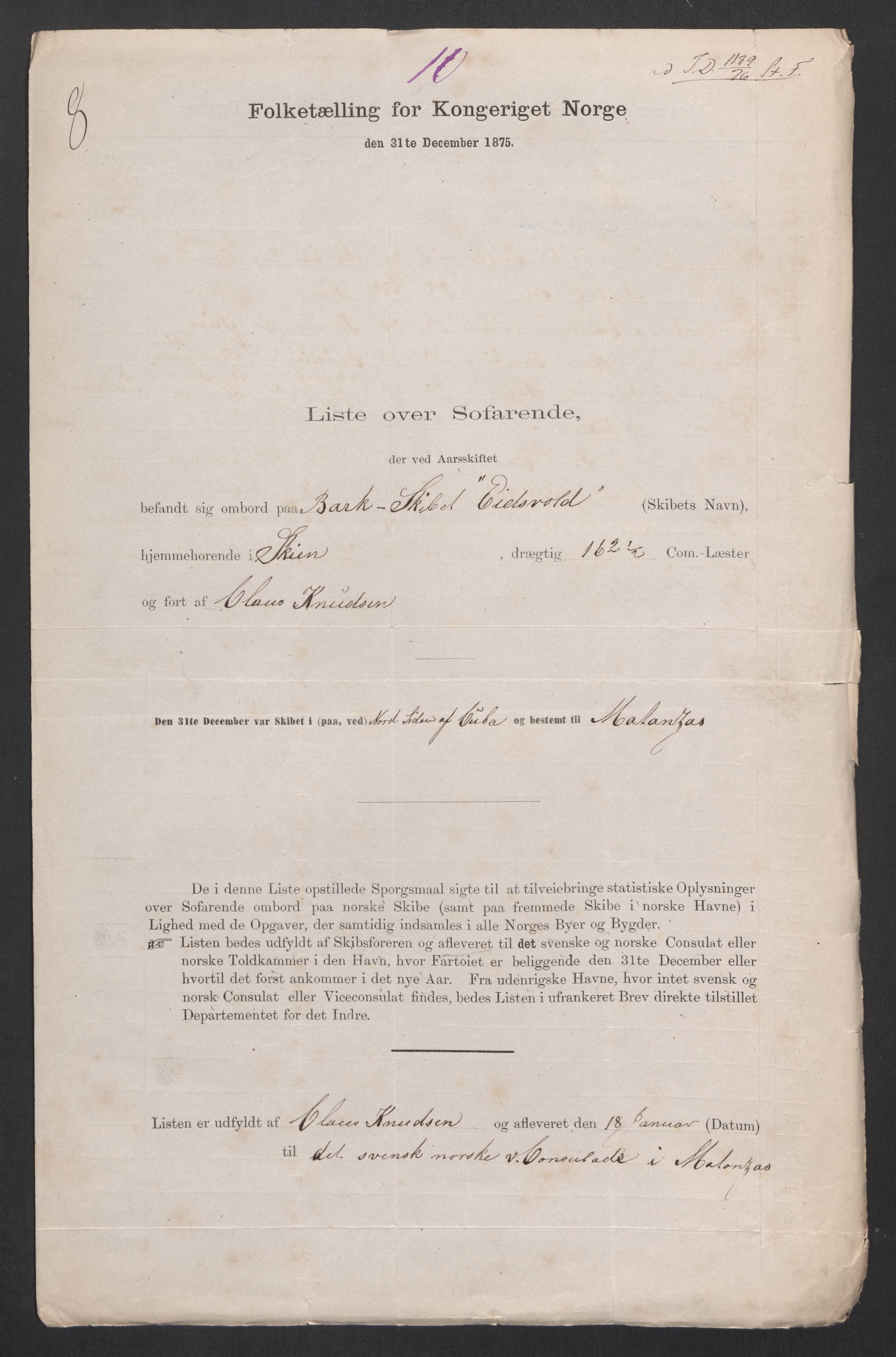 RA, Folketelling 1875, skipslister: Skip i utenrikske havner, hjemmehørende i byer og ladesteder, Fredrikshald - Arendal, 1875, s. 886