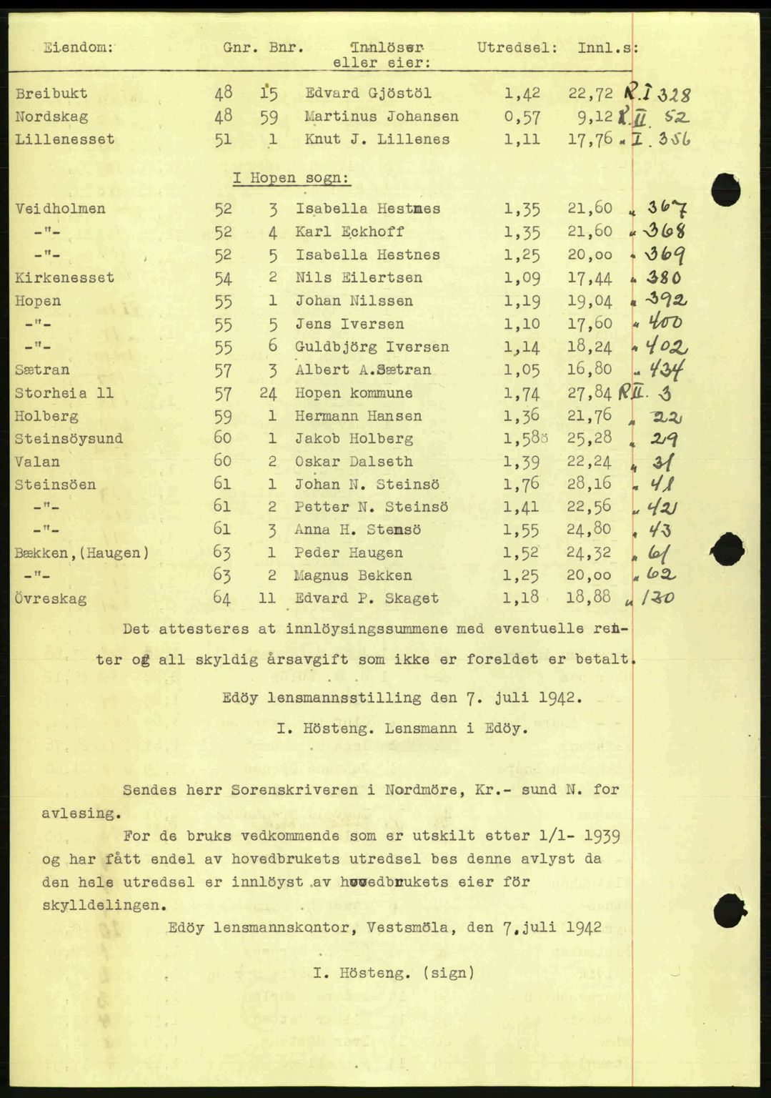 Nordmøre sorenskriveri, AV/SAT-A-4132/1/2/2Ca: Pantebok nr. B89, 1942-1942, Dagboknr: 1840/1942