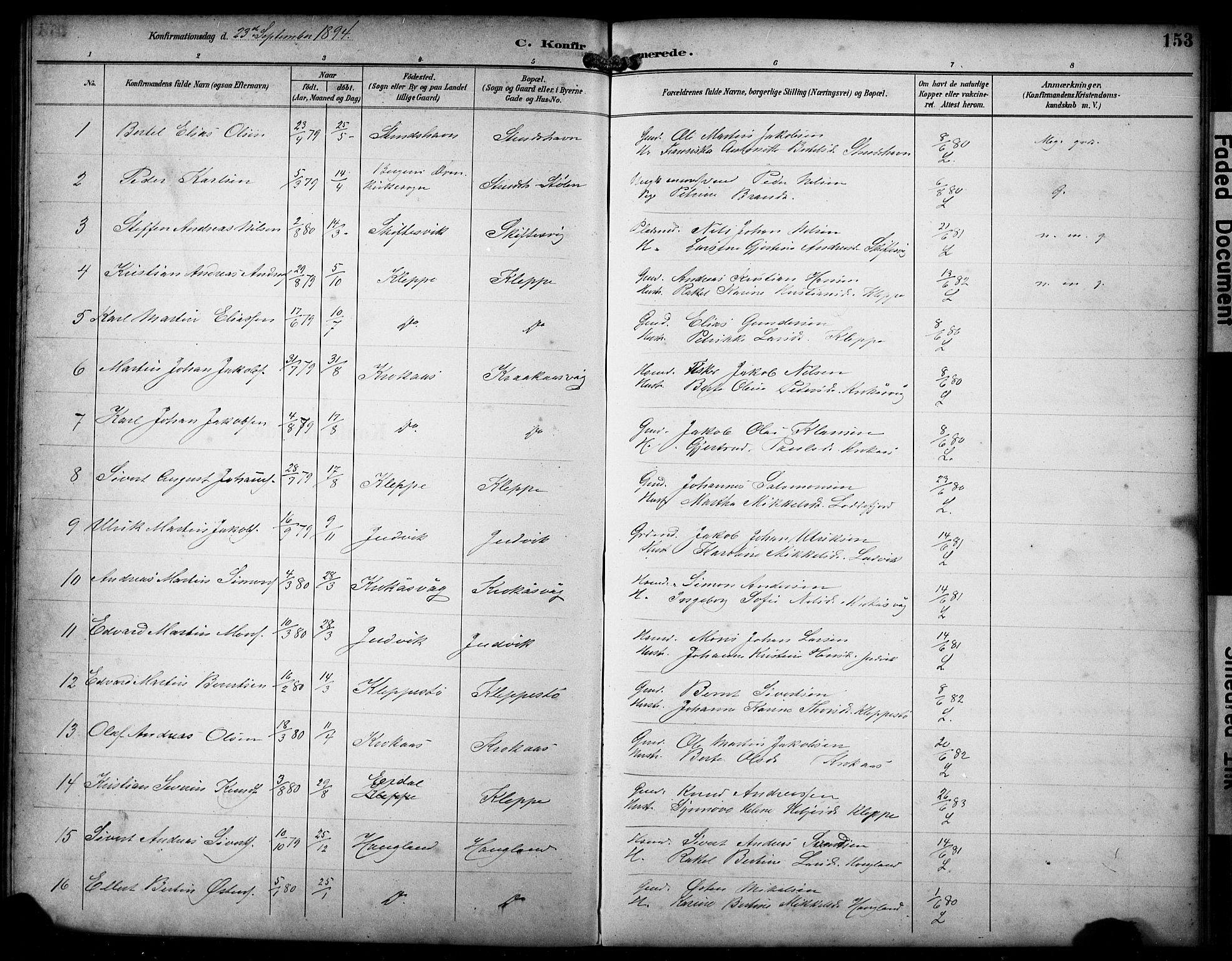 Askøy Sokneprestembete, AV/SAB-A-74101/H/Ha/Hab/Haba/L0009: Klokkerbok nr. A 9, 1894-1903, s. 153