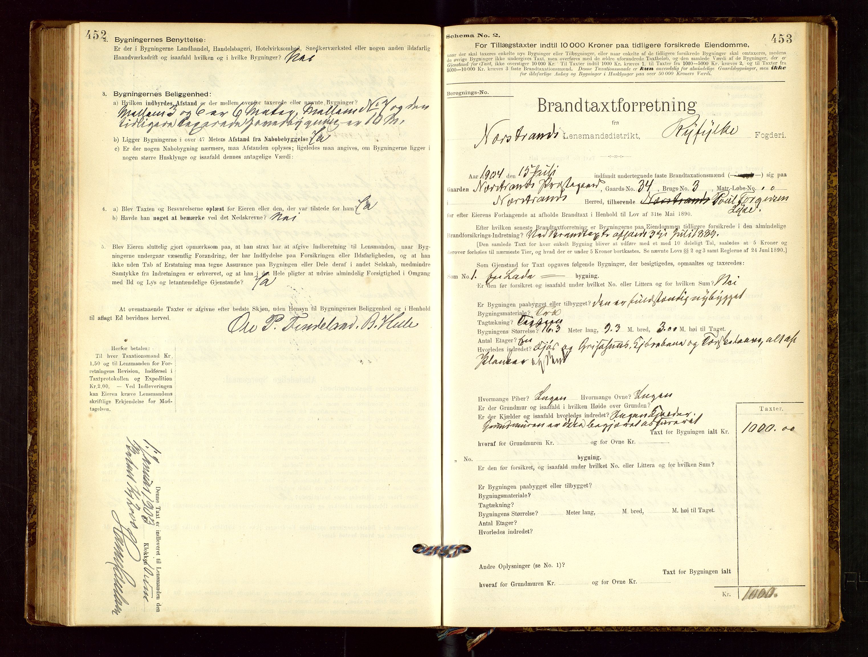 Nedstrand lensmannskontor, AV/SAST-A-100236/Gob/L0001: "Brandtaxationsprotokol for Nerstrand Lensmandsdistrikt Ryfylke fogderi", 1895-1915, s. 452-453