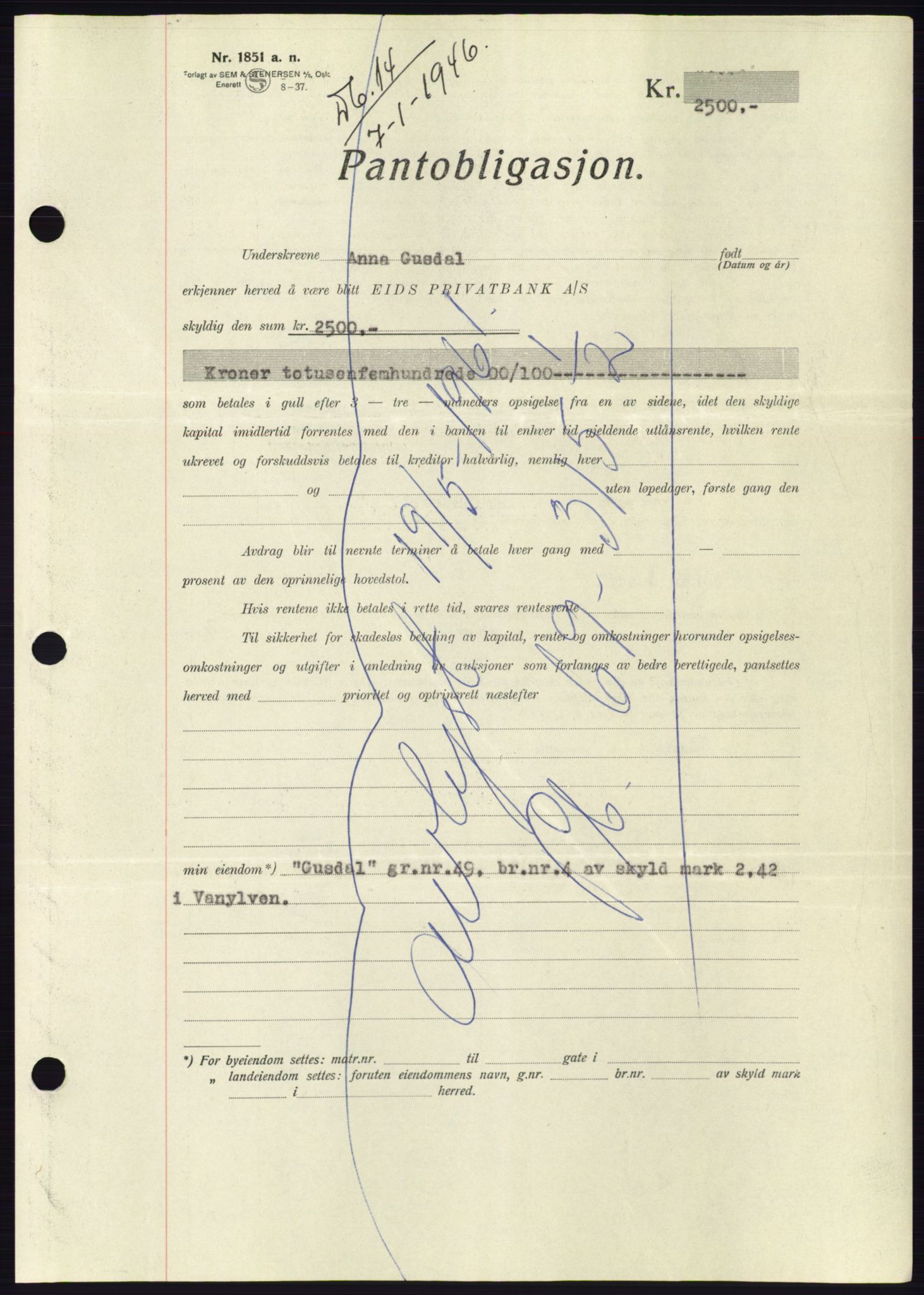 Søre Sunnmøre sorenskriveri, AV/SAT-A-4122/1/2/2C/L0114: Pantebok nr. 1-2B, 1943-1947, Dagboknr: 14/1946