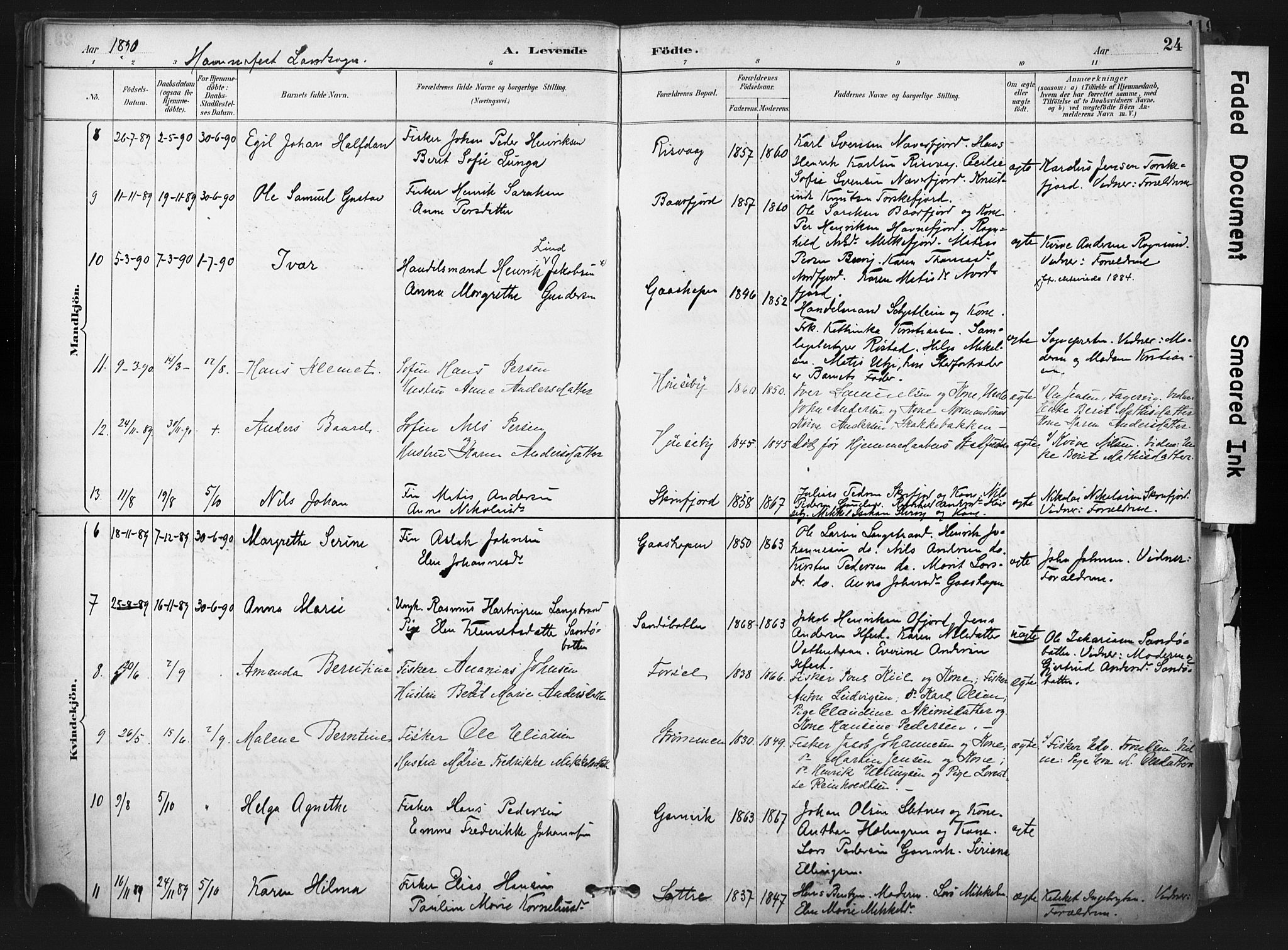 Hammerfest sokneprestkontor, AV/SATØ-S-1347/H/Ha/L0011.kirke: Ministerialbok nr. 11 /1, 1885-1897, s. 24