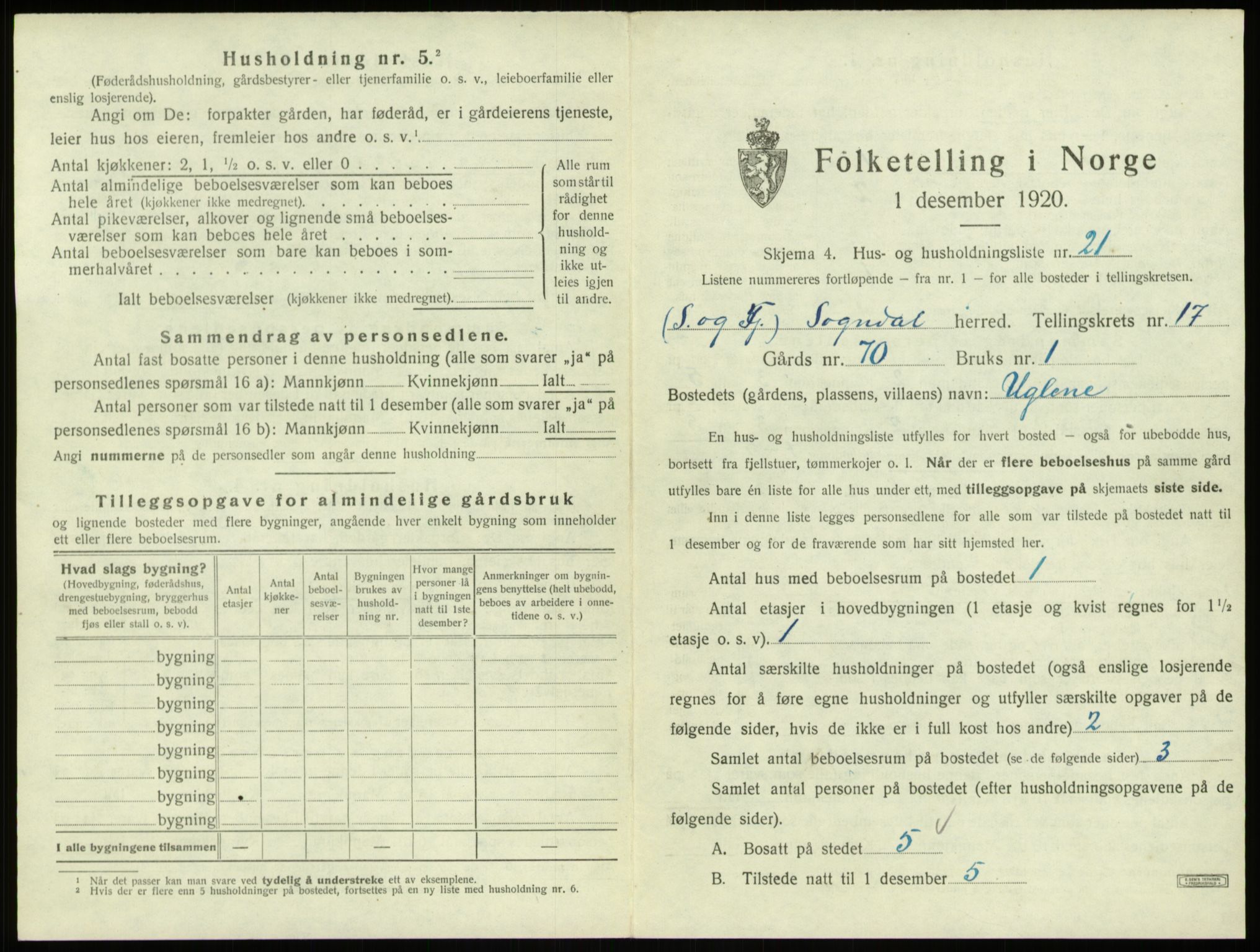 SAB, Folketelling 1920 for 1420 Sogndal herred, 1920, s. 929