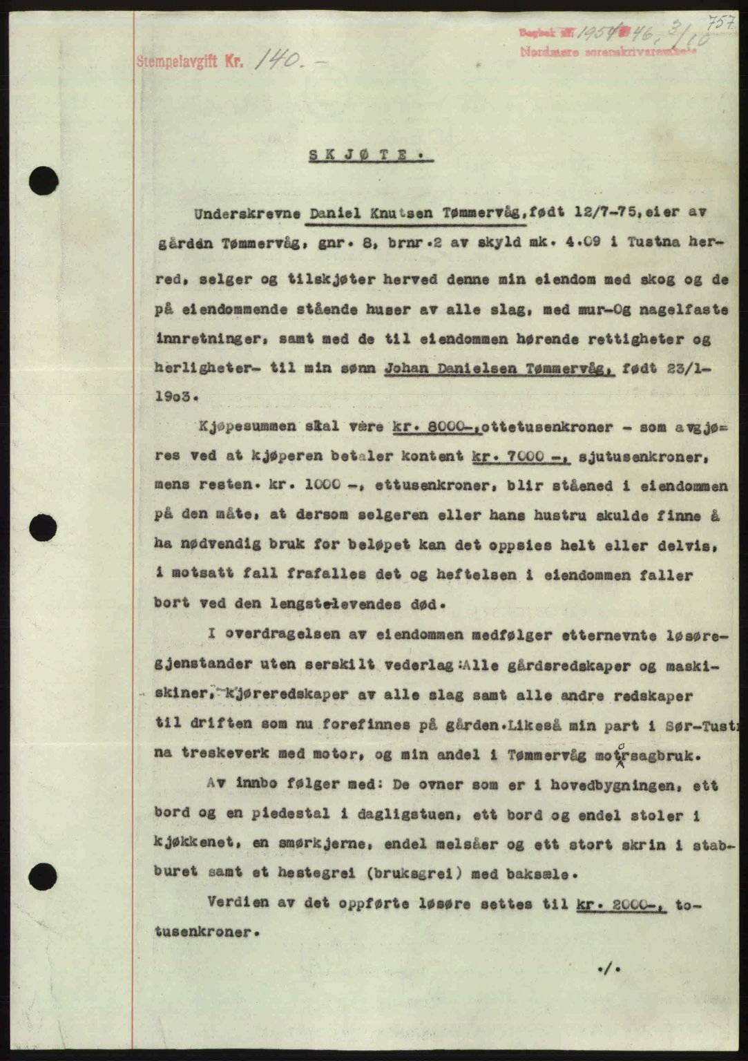 Nordmøre sorenskriveri, SAT/A-4132/1/2/2Ca: Pantebok nr. A102, 1946-1946, Dagboknr: 1954/1946