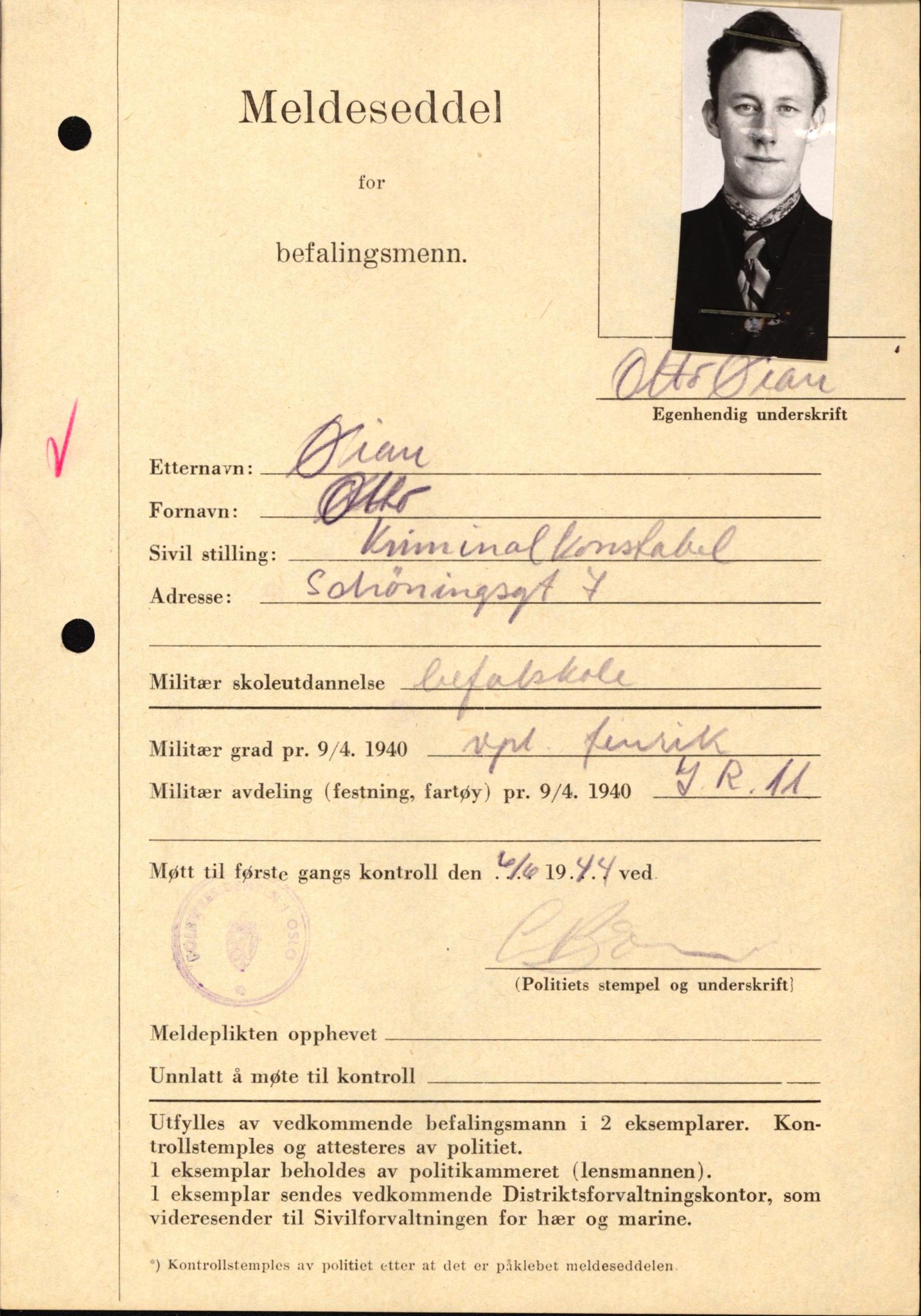 Forsvaret, Forsvarets krigshistoriske avdeling, AV/RA-RAFA-2017/Y/Yf/L0209: II-C-11-2121  -  Okkupasjonstiden.  Meldesedler for befal med foto og oppl. om militær grad 9. apr. 1940., 1944-1945, s. 1317