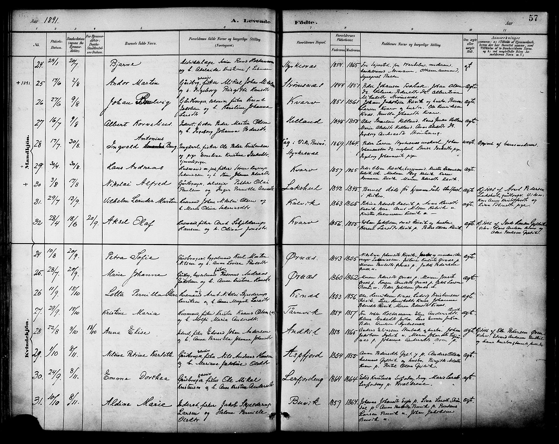 Ministerialprotokoller, klokkerbøker og fødselsregistre - Nordland, AV/SAT-A-1459/854/L0777: Ministerialbok nr. 854A01 /1, 1883-1891, s. 57