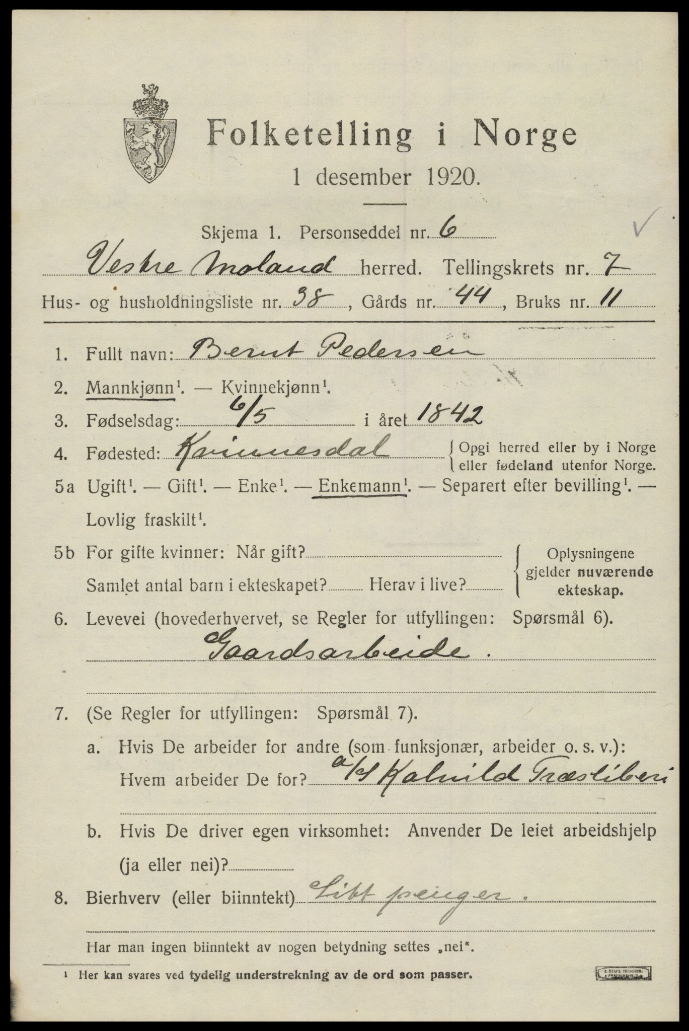 SAK, Folketelling 1920 for 0926 Vestre Moland herred, 1920, s. 5193