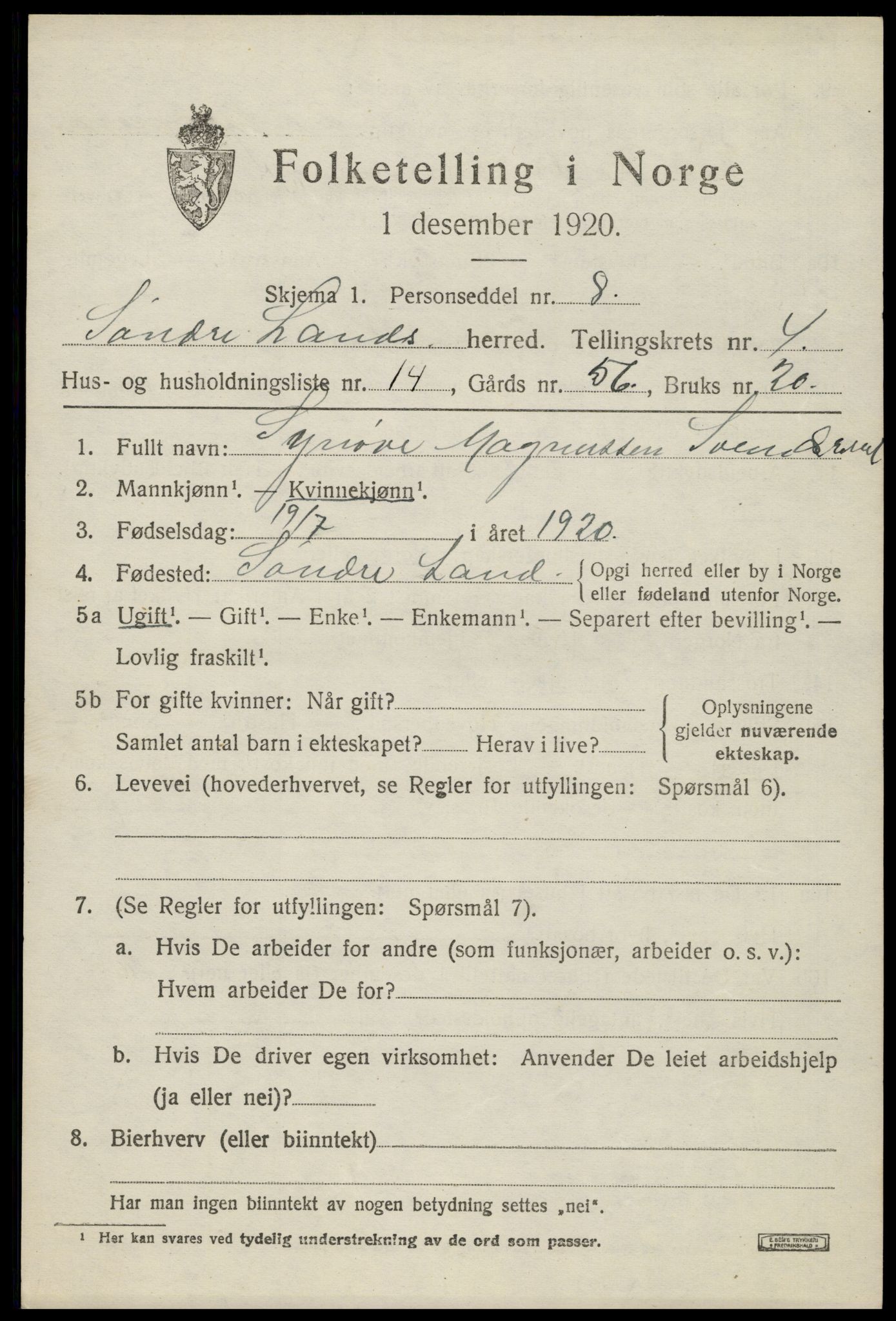 SAH, Folketelling 1920 for 0536 Søndre Land herred, 1920, s. 4875