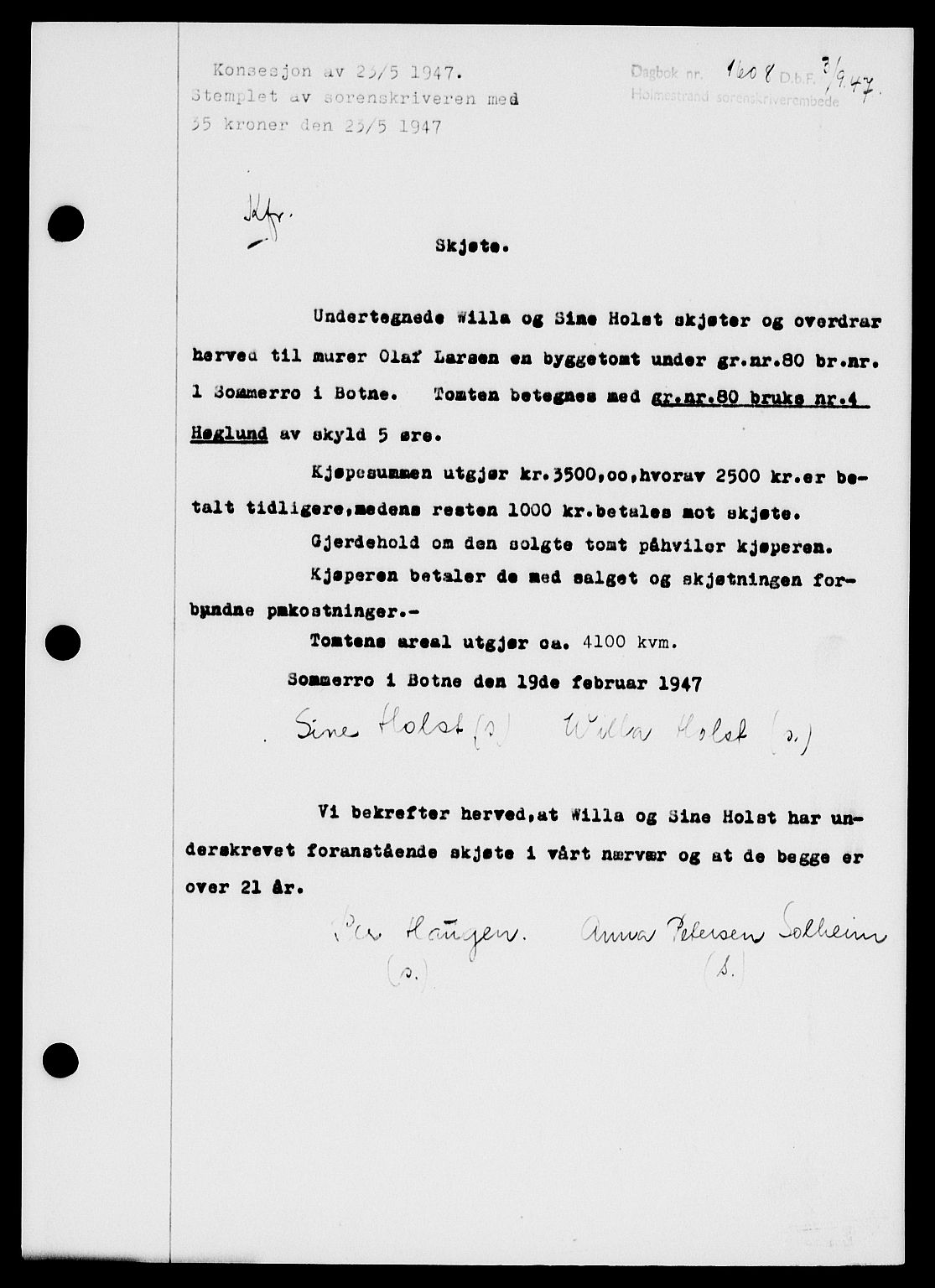 Holmestrand sorenskriveri, SAKO/A-67/G/Ga/Gaa/L0062: Pantebok nr. A-62, 1947-1947, Dagboknr: 1608/1947