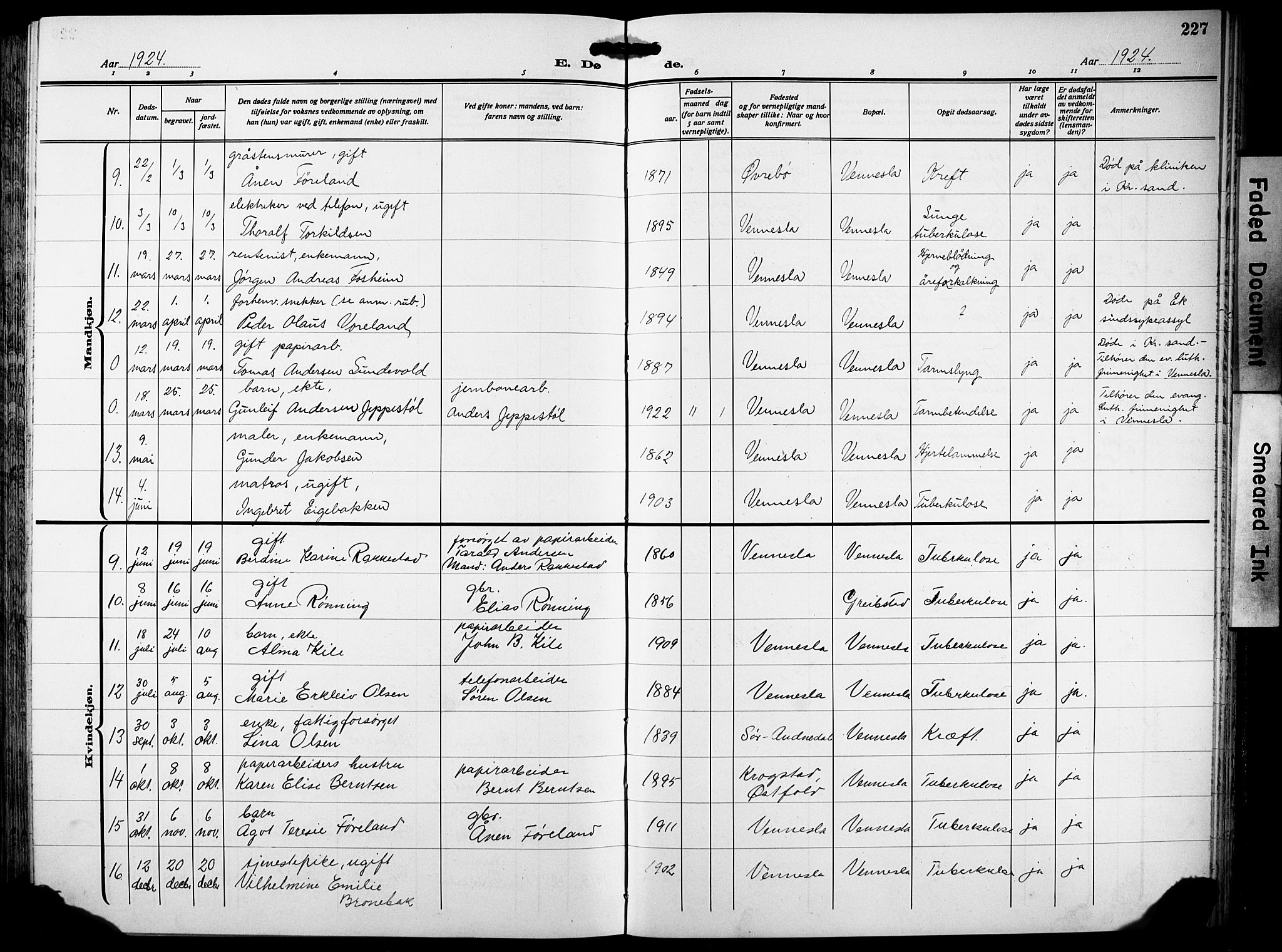 Vennesla sokneprestkontor, AV/SAK-1111-0045/Fb/Fbb/L0007: Klokkerbok nr. B 7, 1922-1933, s. 227