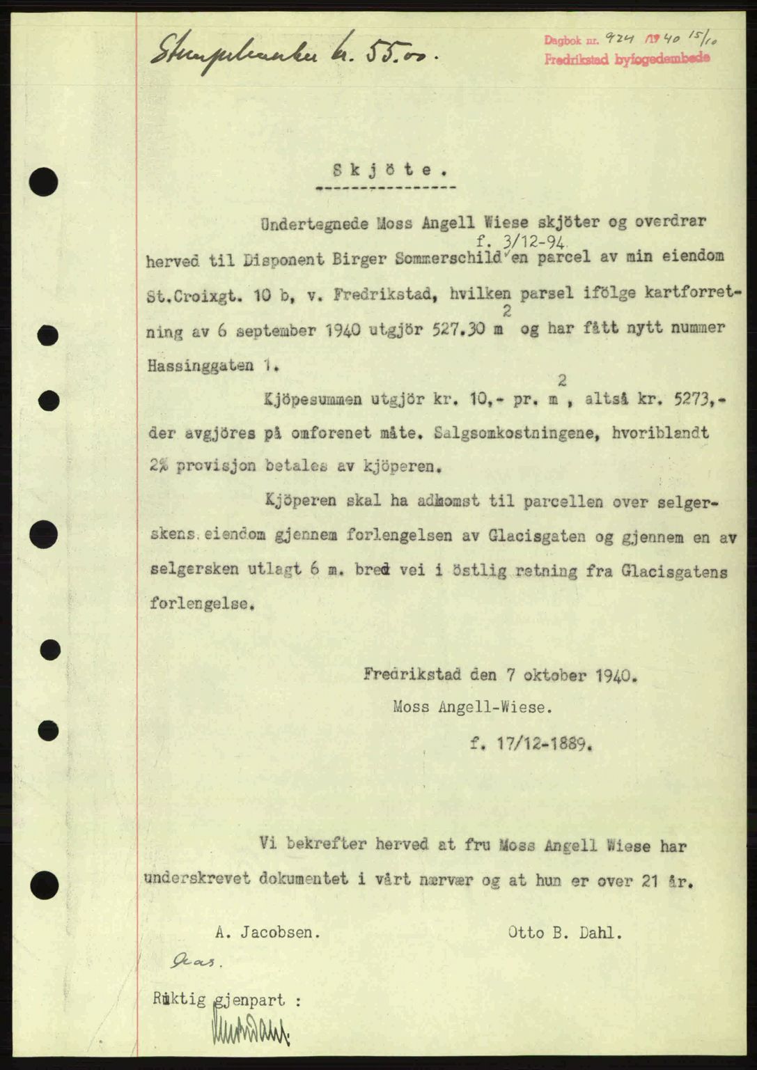 Fredrikstad byfogd, AV/SAO-A-10473a/G/Ga/Gac/L0002: Pantebok nr. A32a, 1940-1945, Dagboknr: 924/1940