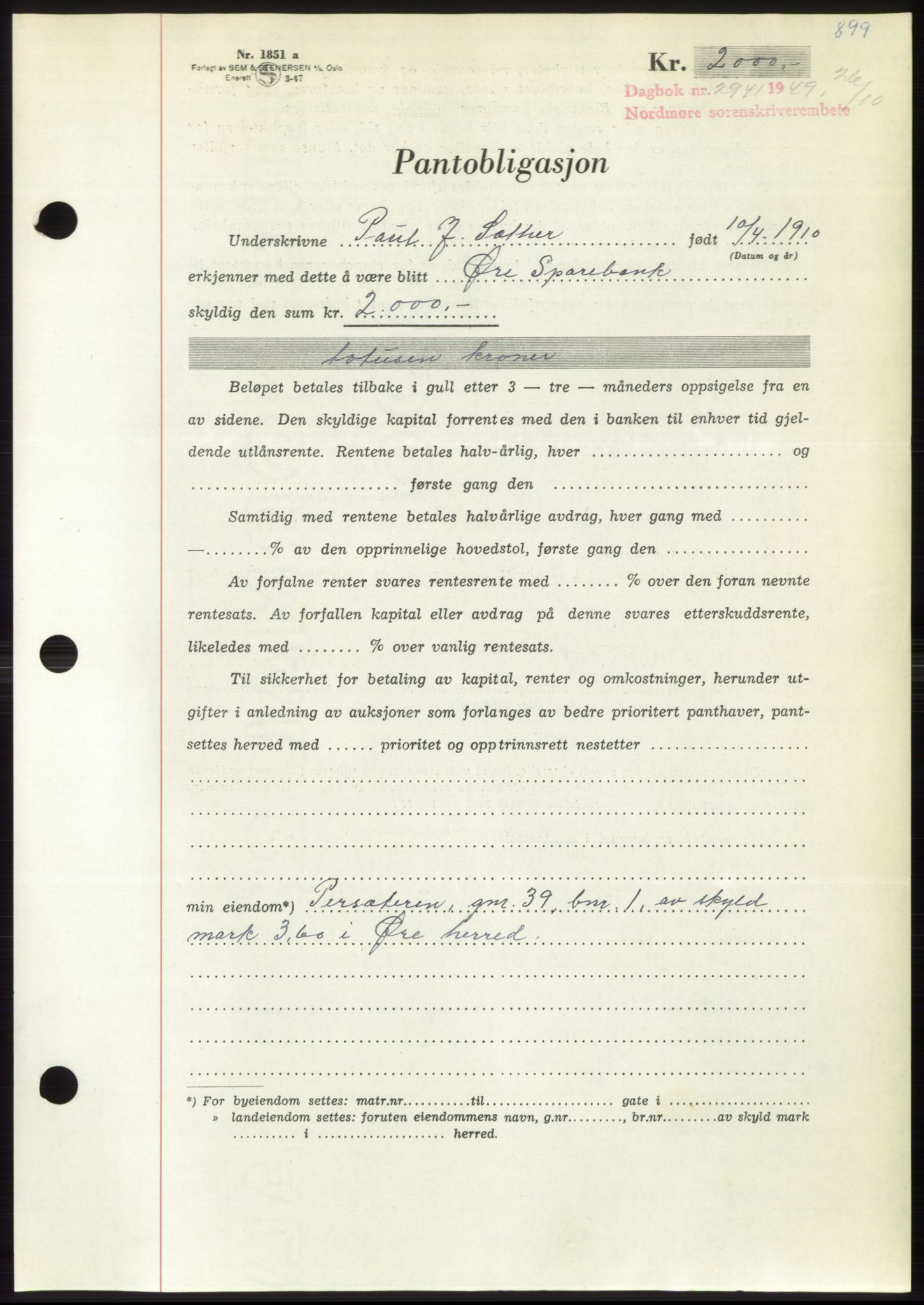 Nordmøre sorenskriveri, AV/SAT-A-4132/1/2/2Ca: Pantebok nr. B102, 1949-1949, Dagboknr: 2941/1949