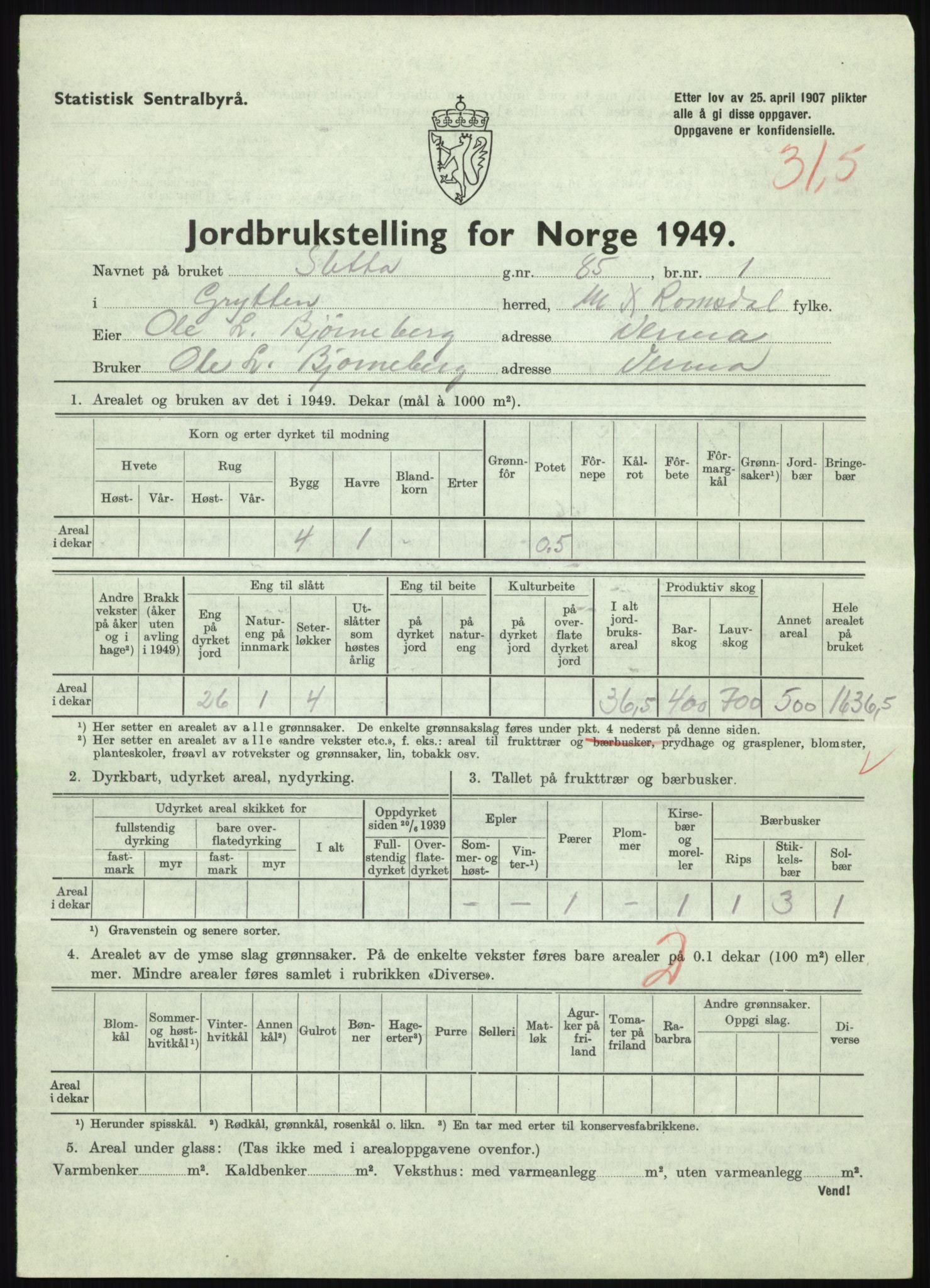 Statistisk sentralbyrå, Næringsøkonomiske emner, Jordbruk, skogbruk, jakt, fiske og fangst, AV/RA-S-2234/G/Gc/L0323: Møre og Romsdal: Grytten og Hen, 1949, s. 229