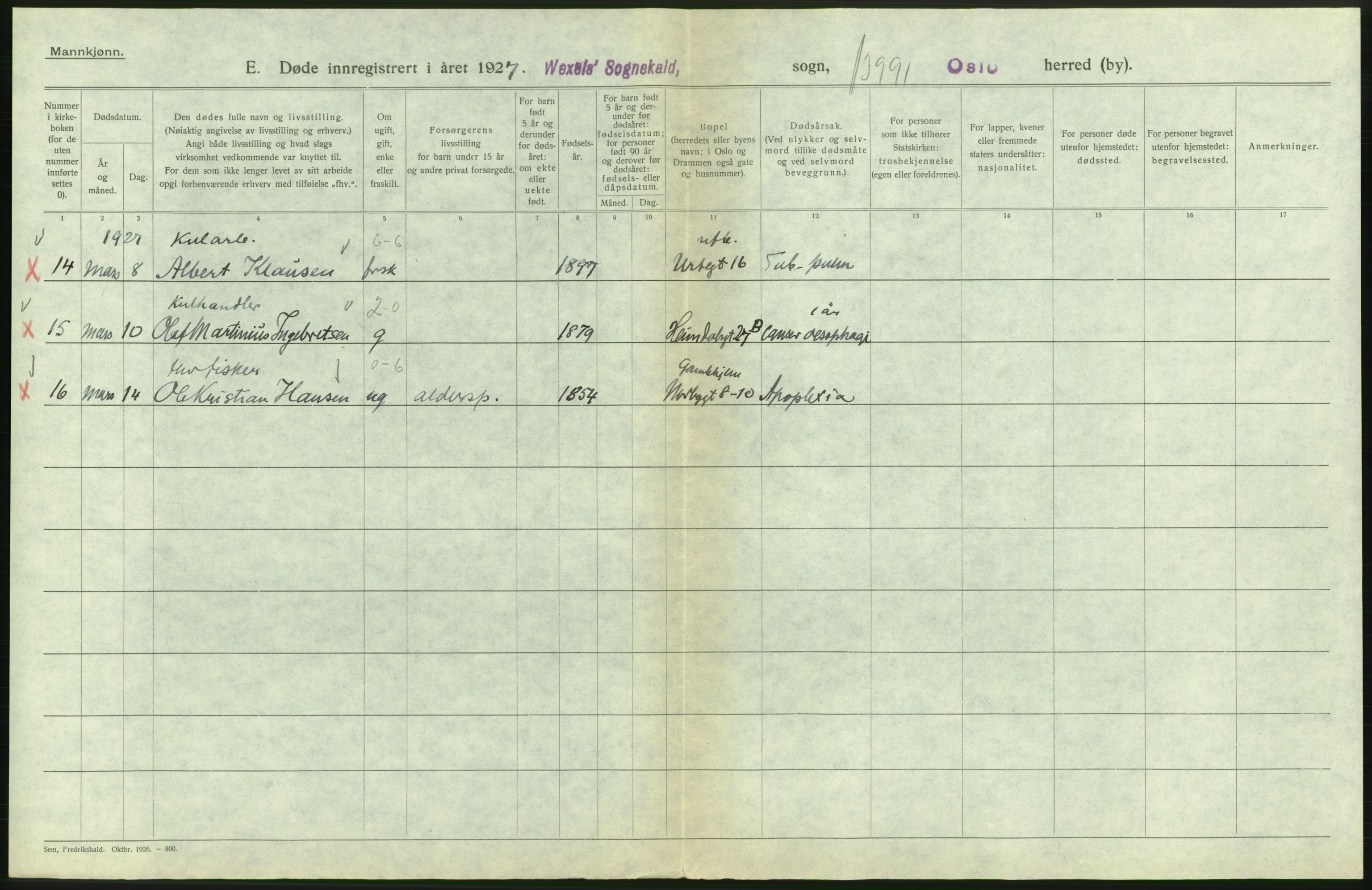 Statistisk sentralbyrå, Sosiodemografiske emner, Befolkning, AV/RA-S-2228/D/Df/Dfc/Dfcg/L0009: Oslo: Døde menn, 1927, s. 448