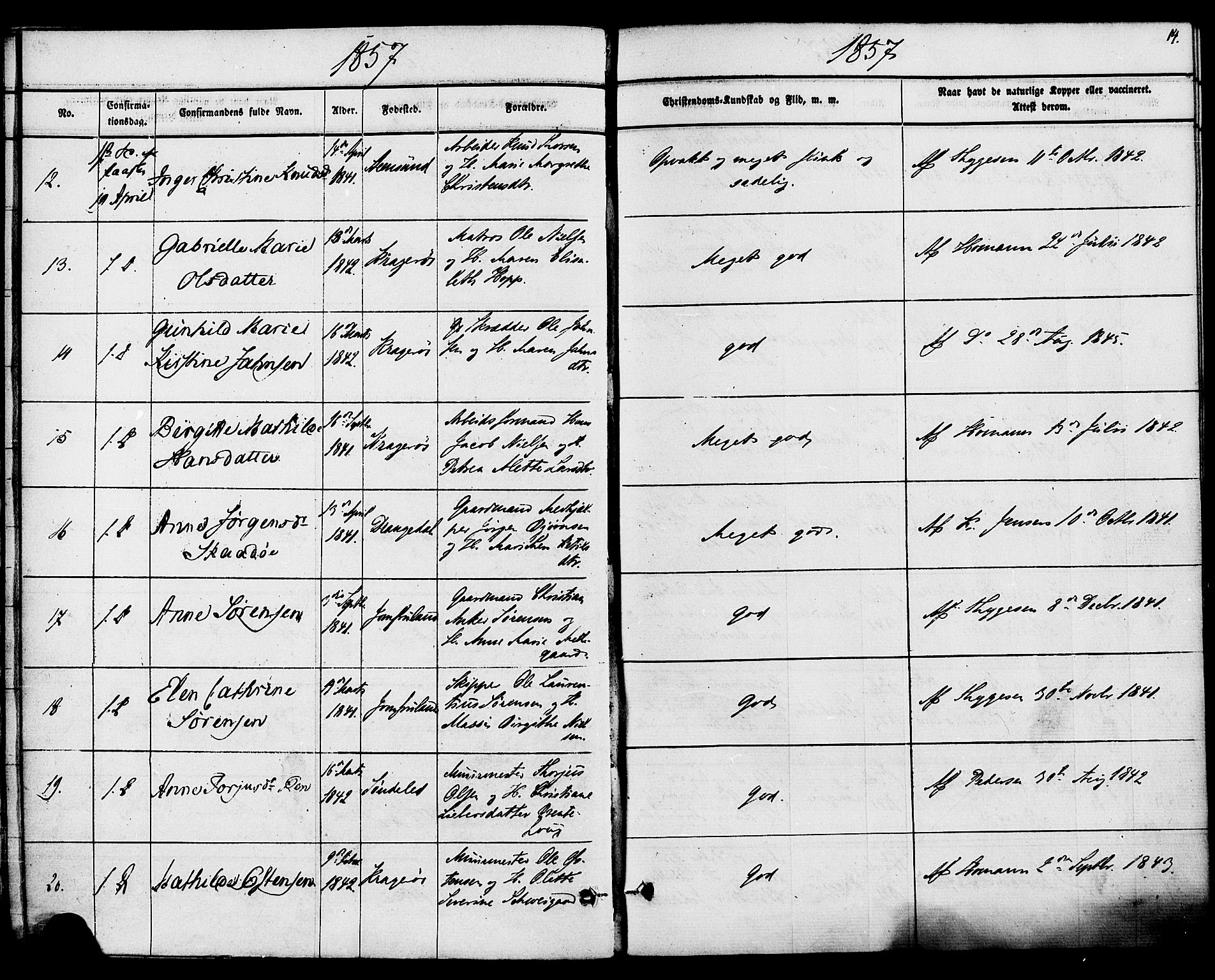Kragerø kirkebøker, AV/SAKO-A-278/F/Fa/L0008: Ministerialbok nr. 8, 1856-1880, s. 14