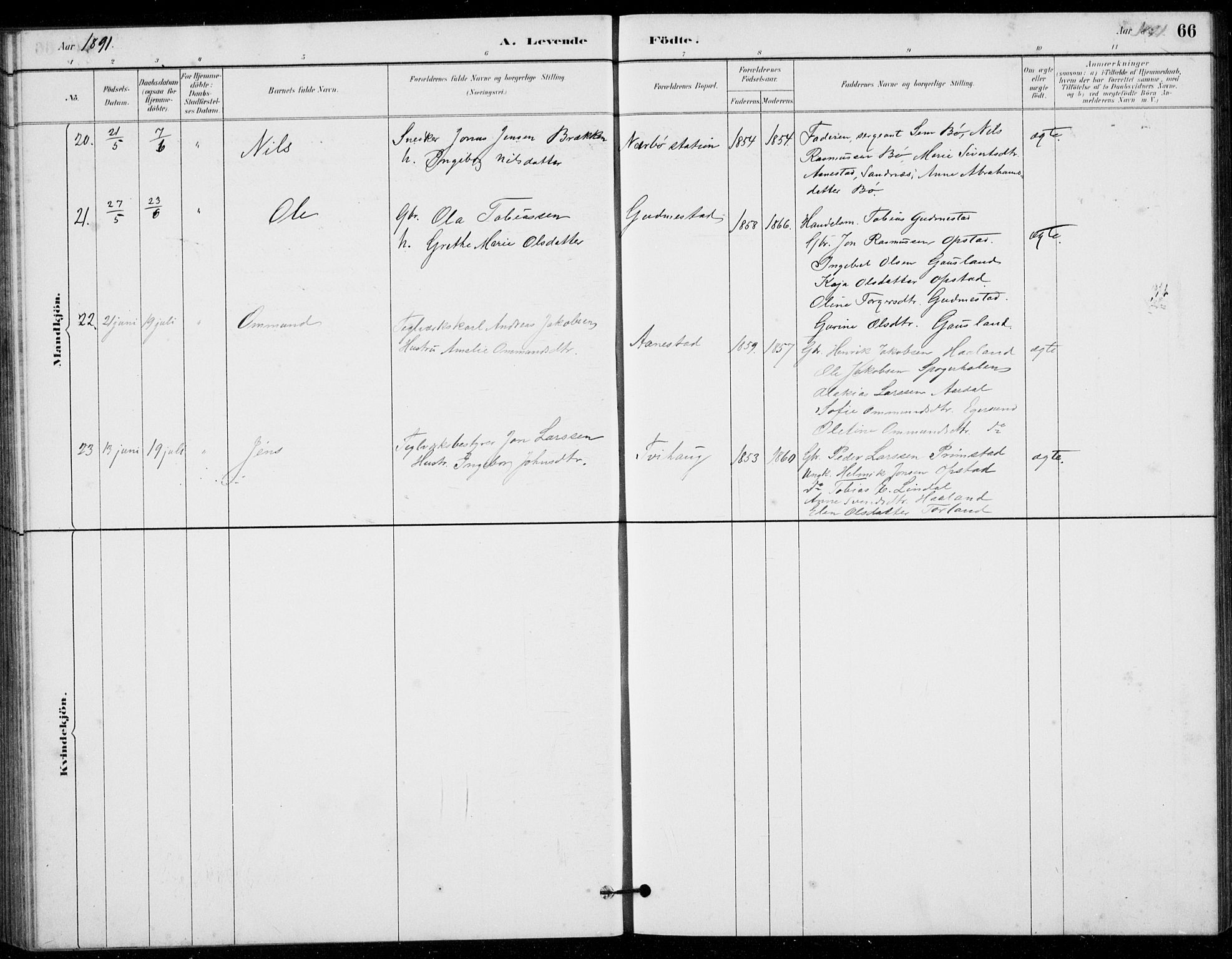 Hå sokneprestkontor, AV/SAST-A-101801/001/30BB/L0003: Klokkerbok nr. B 3, 1883-1894, s. 66