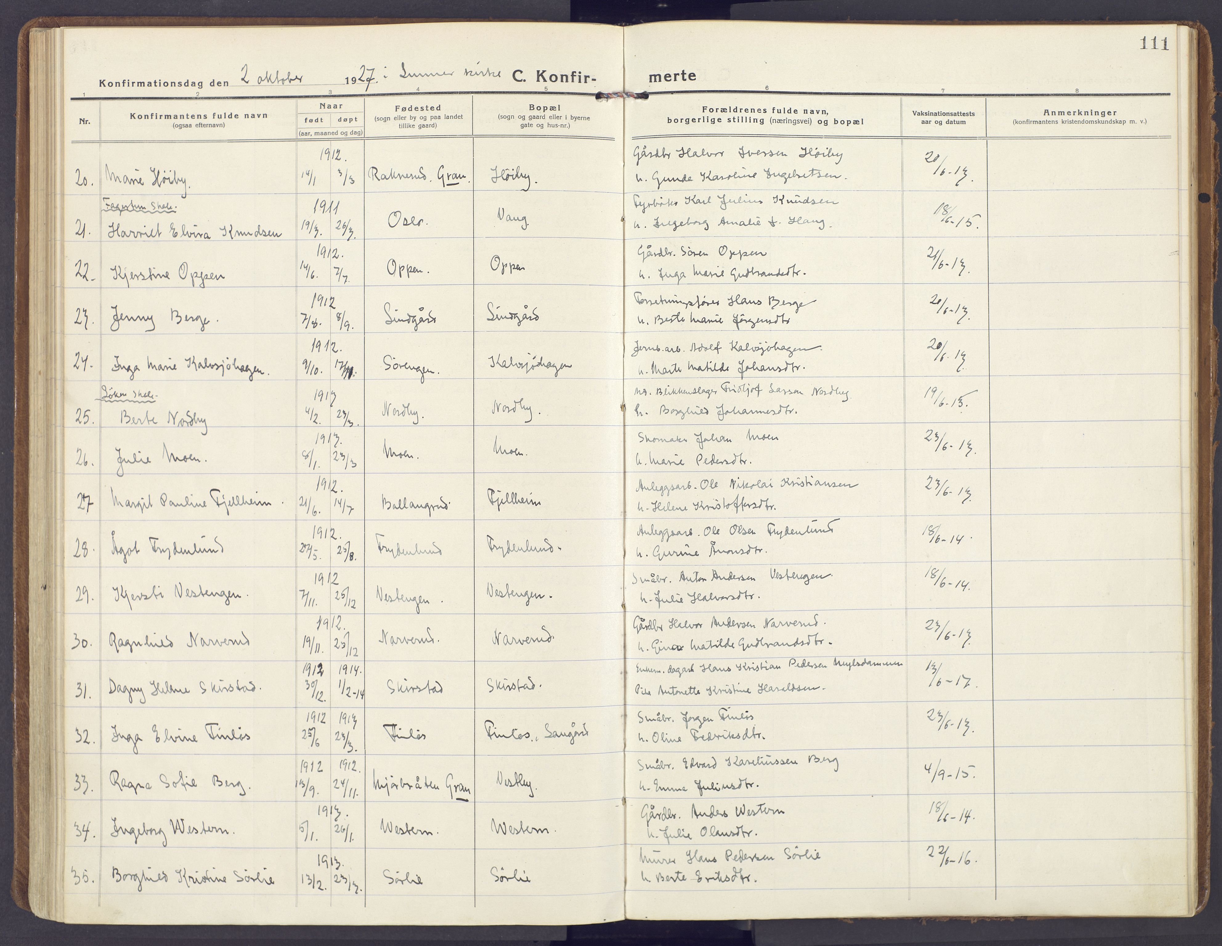 Lunner prestekontor, SAH/PREST-118/H/Ha/Haa/L0002: Ministerialbok nr. 2, 1922-1931, s. 111