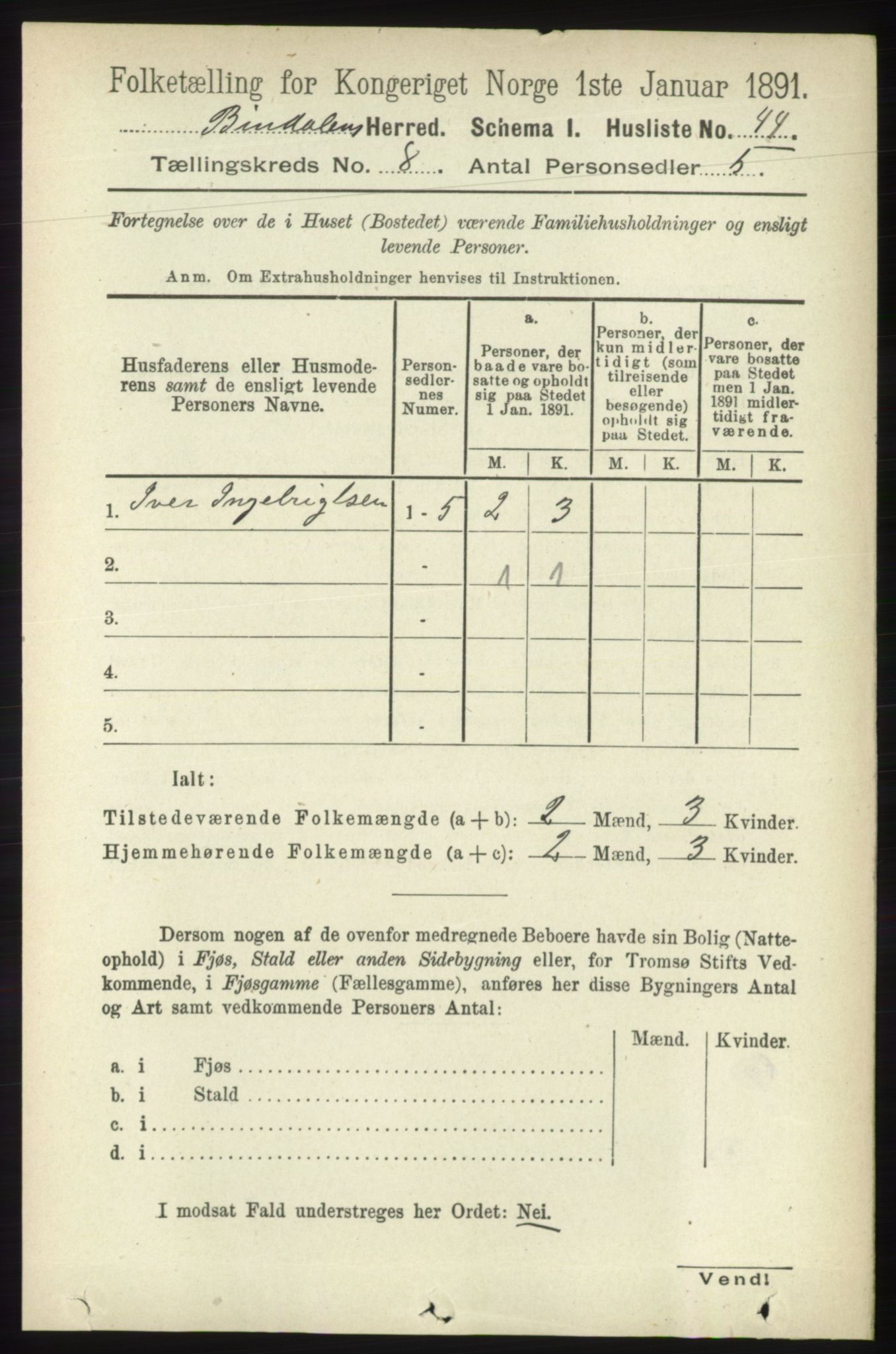 RA, Folketelling 1891 for 1811 Bindal herred, 1891, s. 2606