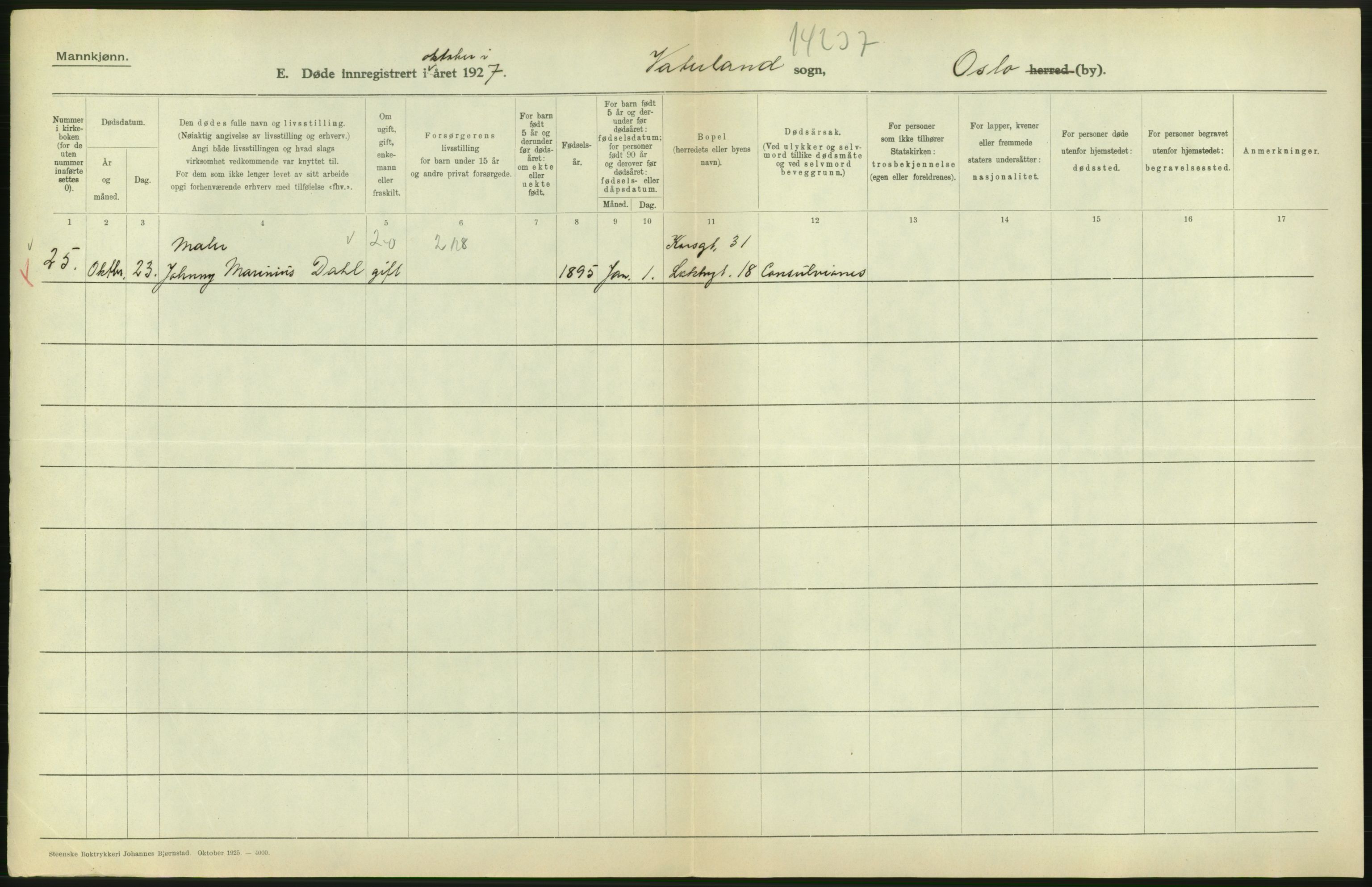 Statistisk sentralbyrå, Sosiodemografiske emner, Befolkning, AV/RA-S-2228/D/Df/Dfc/Dfcg/L0009: Oslo: Døde menn, 1927, s. 590