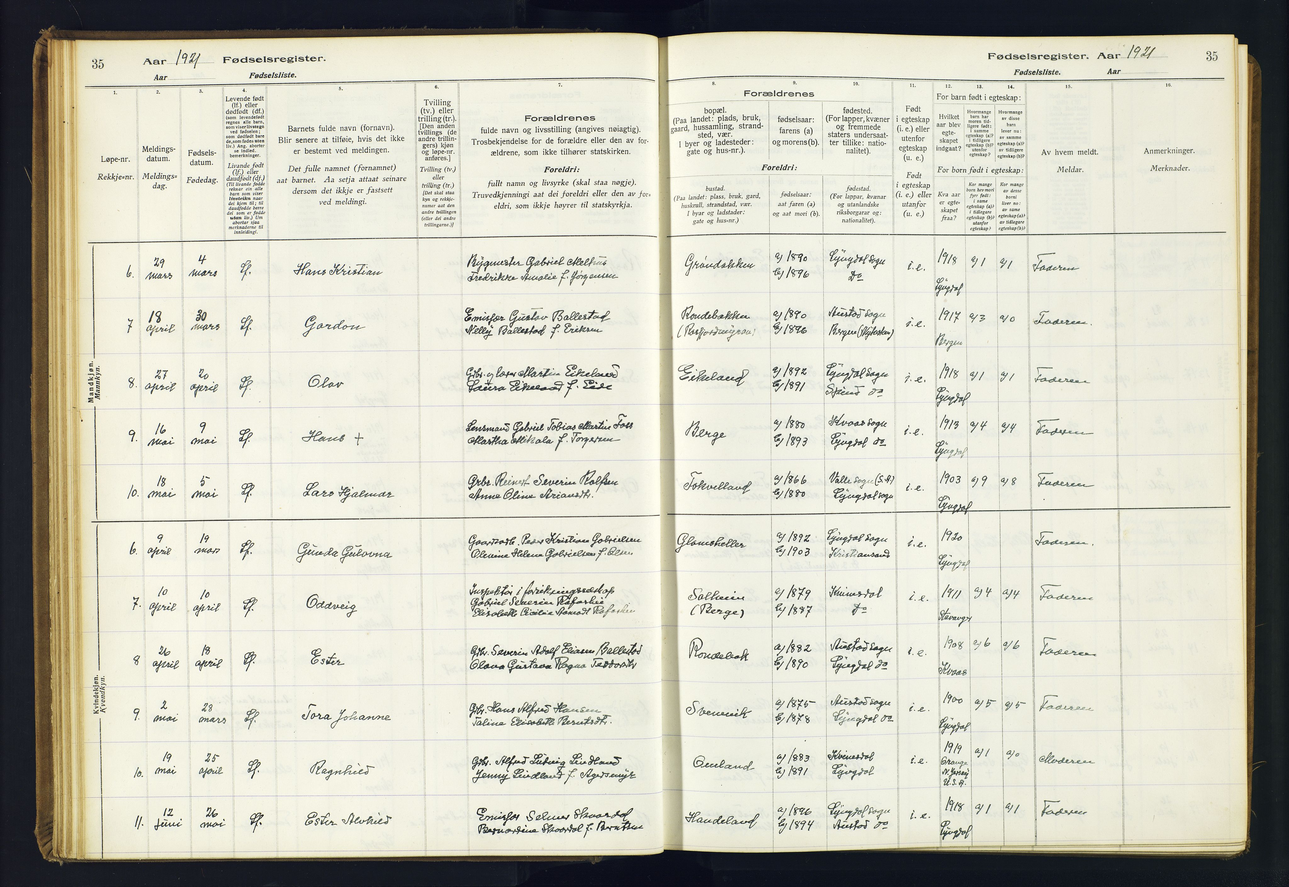 Lyngdal sokneprestkontor, AV/SAK-1111-0029/J/Ja/L0001: Fødselsregister nr. A-VI-26, 1916-1951, s. 35