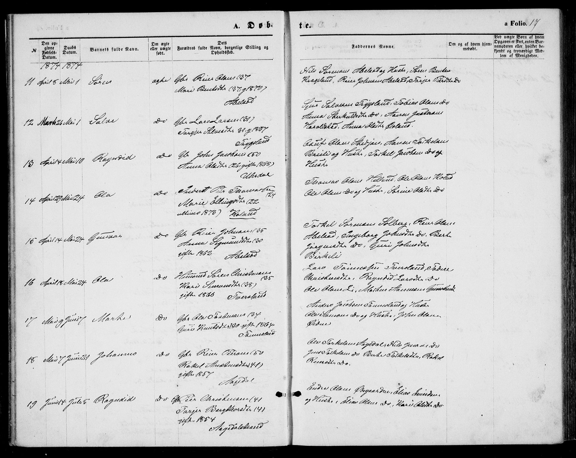 Bjelland sokneprestkontor, AV/SAK-1111-0005/F/Fb/Fba/L0004: Klokkerbok nr. B 4, 1869-1886, s. 17