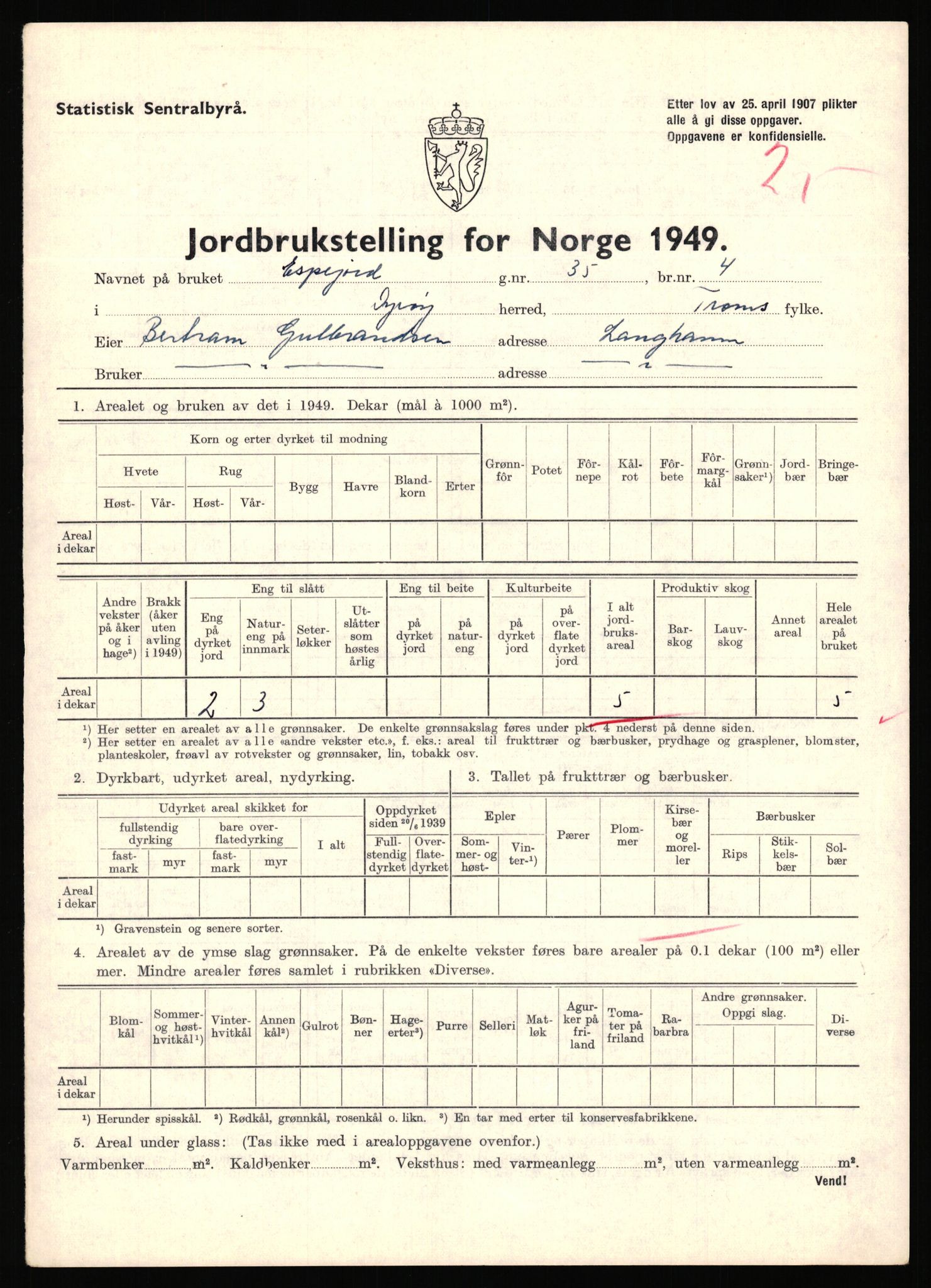 Statistisk sentralbyrå, Næringsøkonomiske emner, Jordbruk, skogbruk, jakt, fiske og fangst, AV/RA-S-2234/G/Gc/L0440: Troms: Sørreisa og Dyrøy, 1949, s. 929