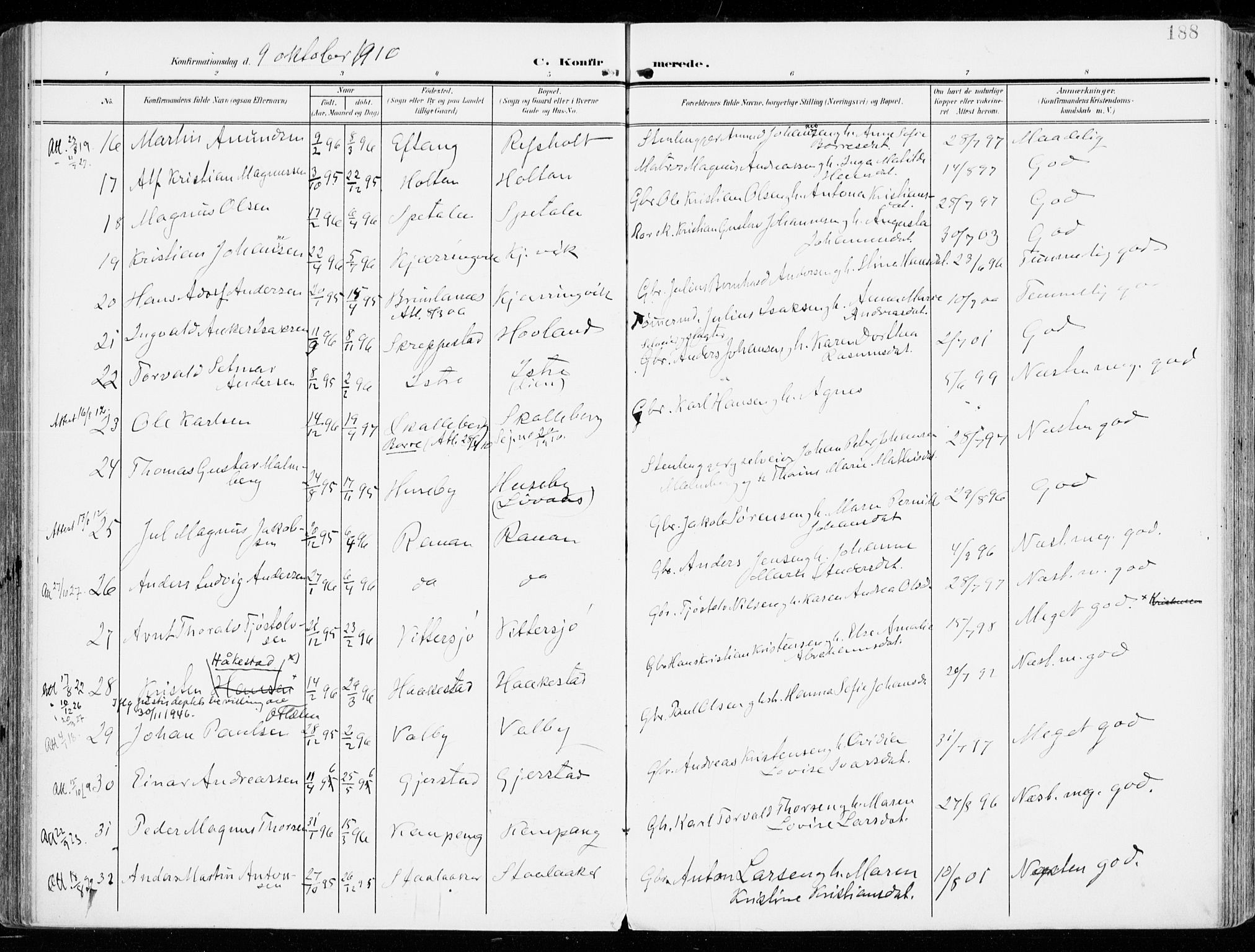 Tjølling kirkebøker, AV/SAKO-A-60/F/Fa/L0010: Ministerialbok nr. 10, 1906-1923, s. 188