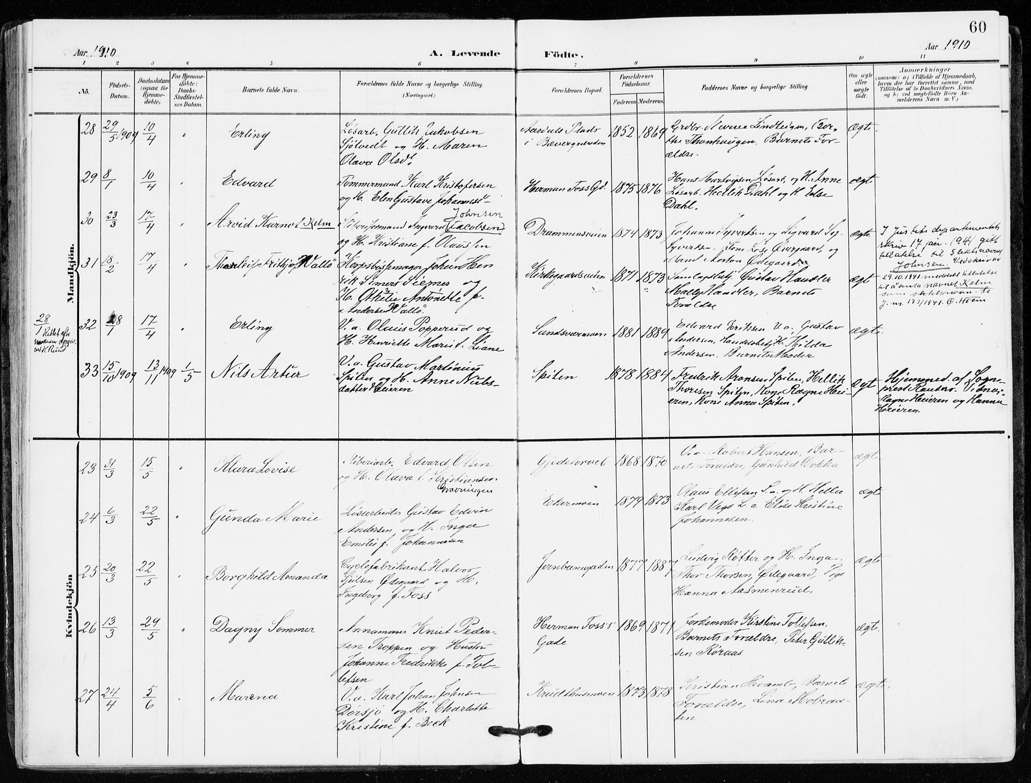 Kongsberg kirkebøker, AV/SAKO-A-22/F/Fb/L0004: Ministerialbok nr. II 4, 1906-1918, s. 60
