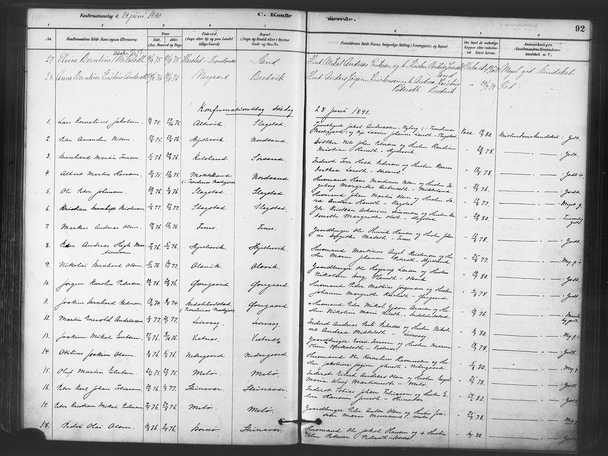 Sand/Bjarkøy sokneprestkontor, AV/SATØ-S-0811/I/Ia/Iaa/L0003kirke: Ministerialbok nr. 3, 1878-1892, s. 92
