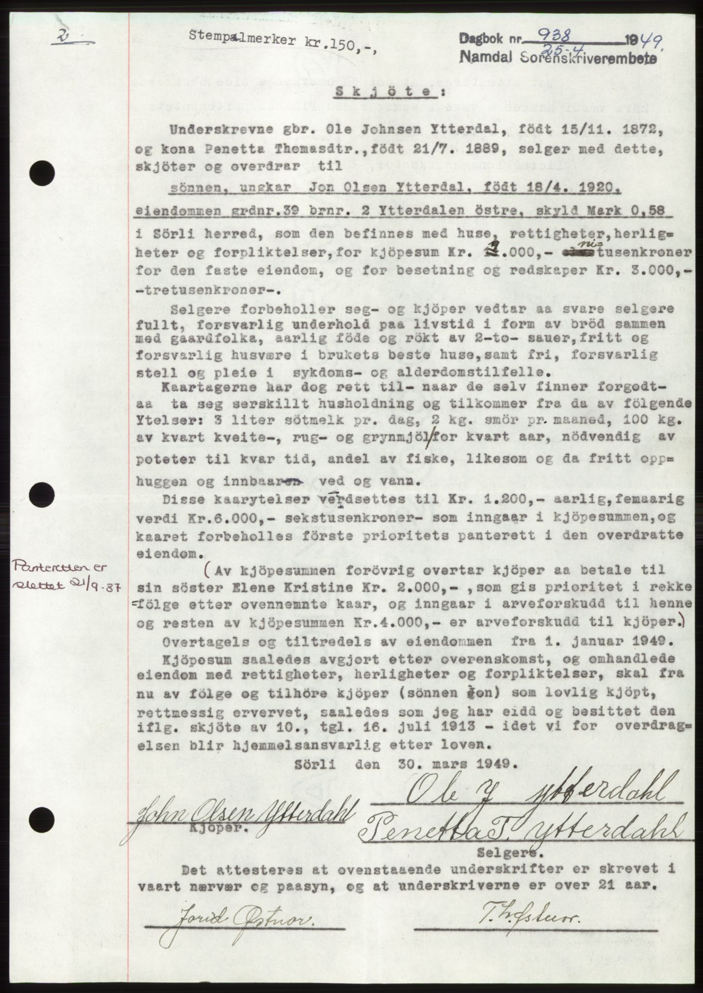 Namdal sorenskriveri, SAT/A-4133/1/2/2C: Pantebok nr. -, 1949-1949, Dagboknr: 938/1949
