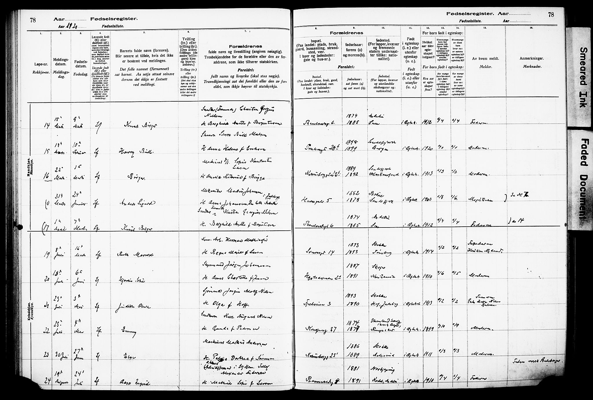 Sandefjord kirkebøker, AV/SAKO-A-315/J/Ja/L0001: Fødselsregister nr. 1, 1916-1932, s. 78