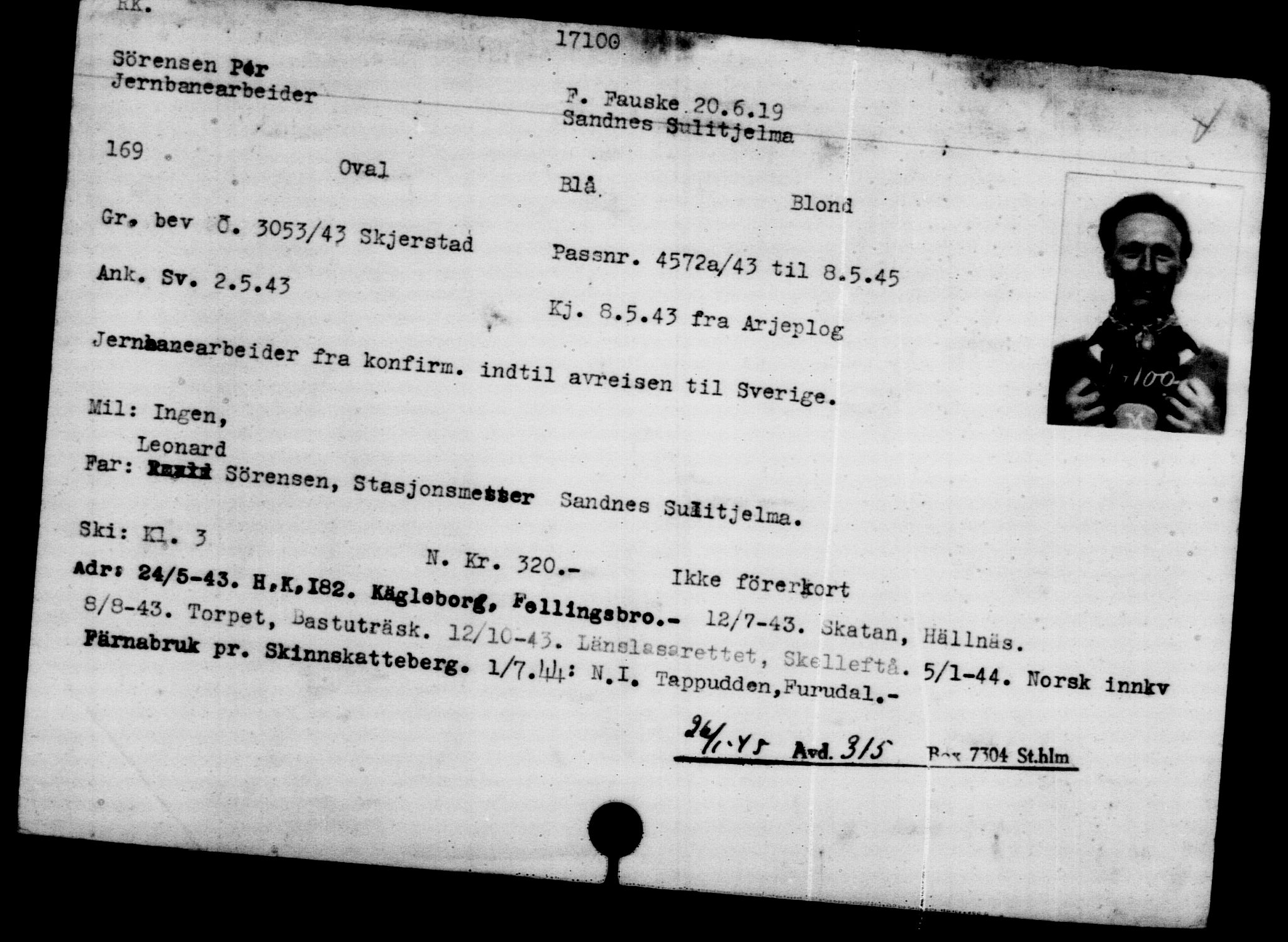 Utenriksstasjonene, Legasjonen i Stockholm, Flyktningkontoret, AV/RA-S-6753/V/Va/L0008: Kjesäterkartoteket, flyktninger med registreringsnr. 15700-18547, 1940-1945, s. 1537