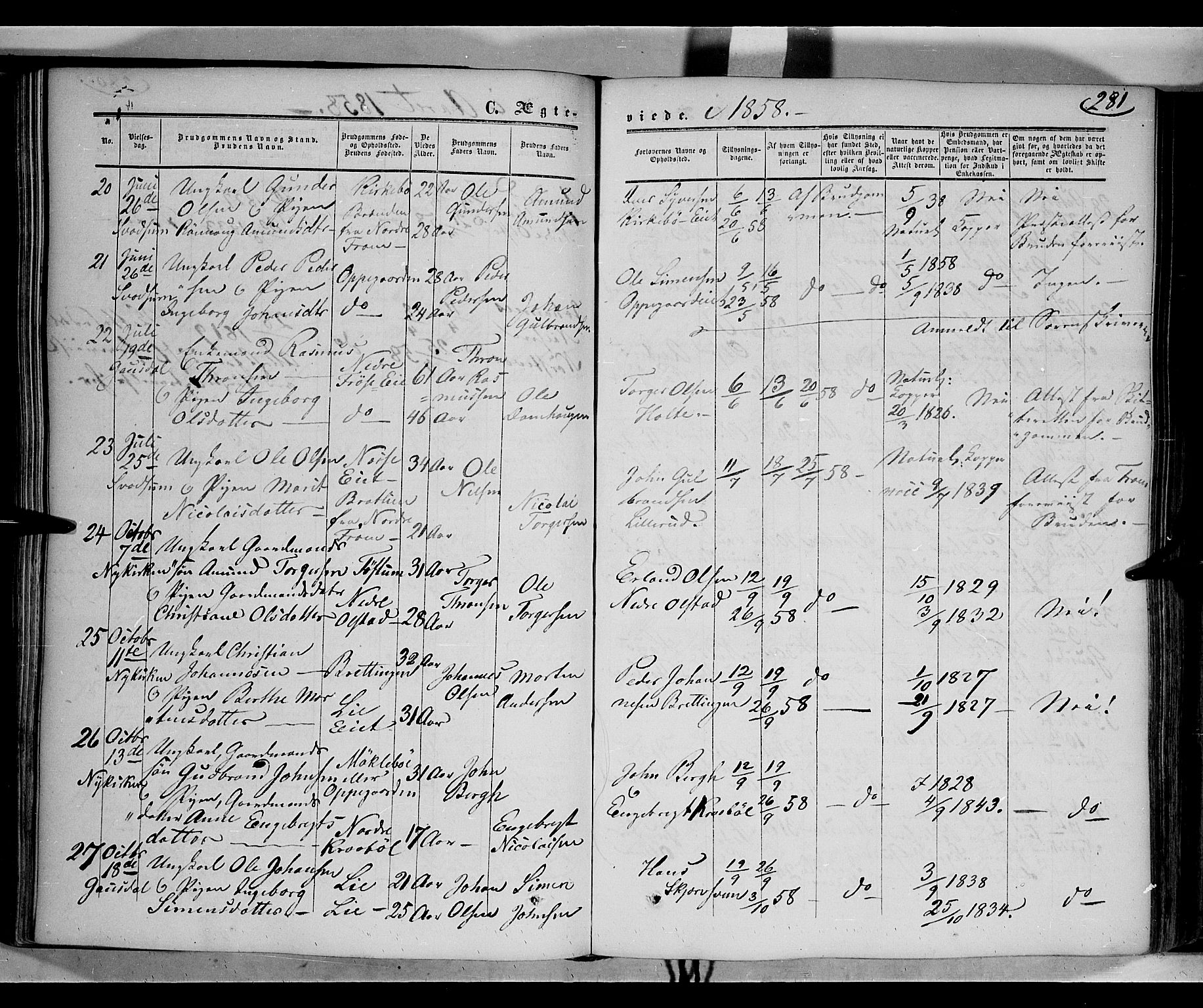 Gausdal prestekontor, SAH/PREST-090/H/Ha/Haa/L0008: Ministerialbok nr. 8, 1850-1861, s. 281