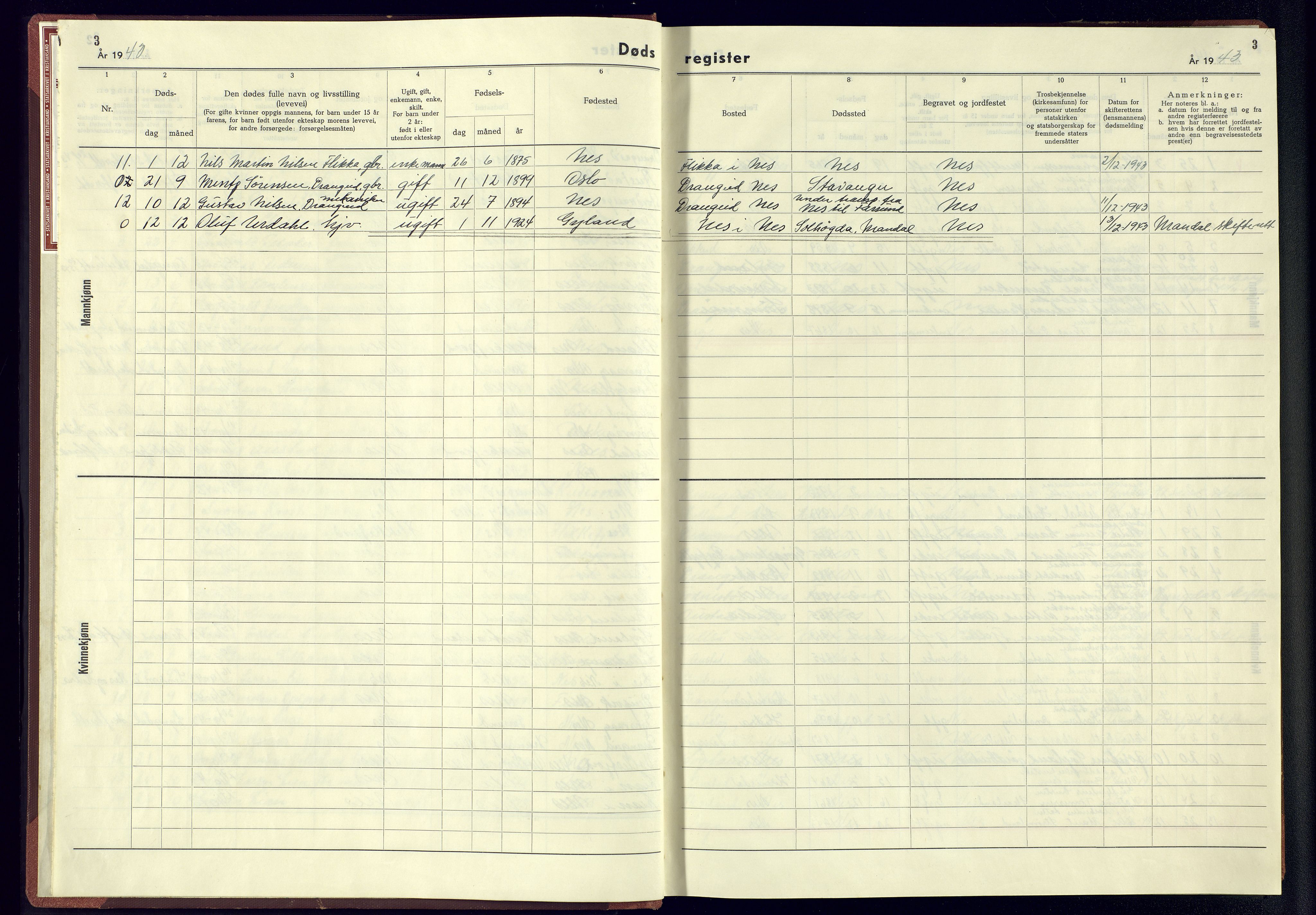 Flekkefjord sokneprestkontor, SAK/1111-0012/J/Jb/L0008: A-VI-9 - Dødsfallsregister Nes, 1942-1945, s. 3