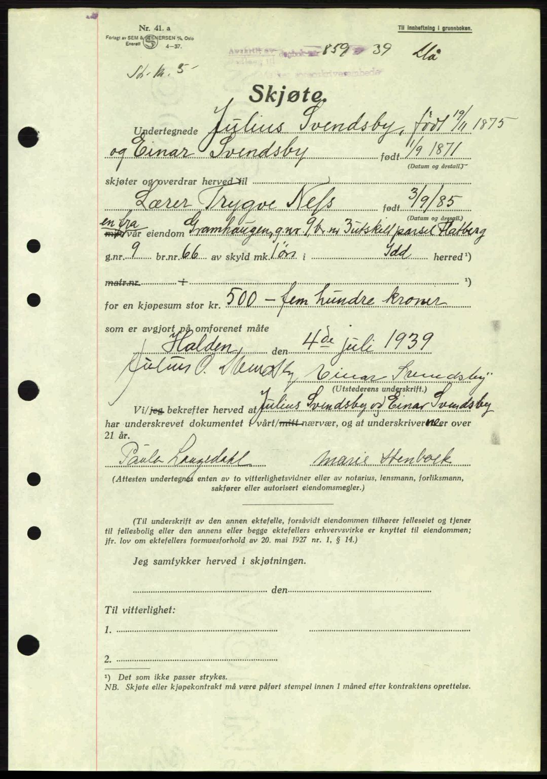 Idd og Marker sorenskriveri, AV/SAO-A-10283/G/Gb/Gbb/L0003: Pantebok nr. A3, 1938-1939, Dagboknr: 859/1939