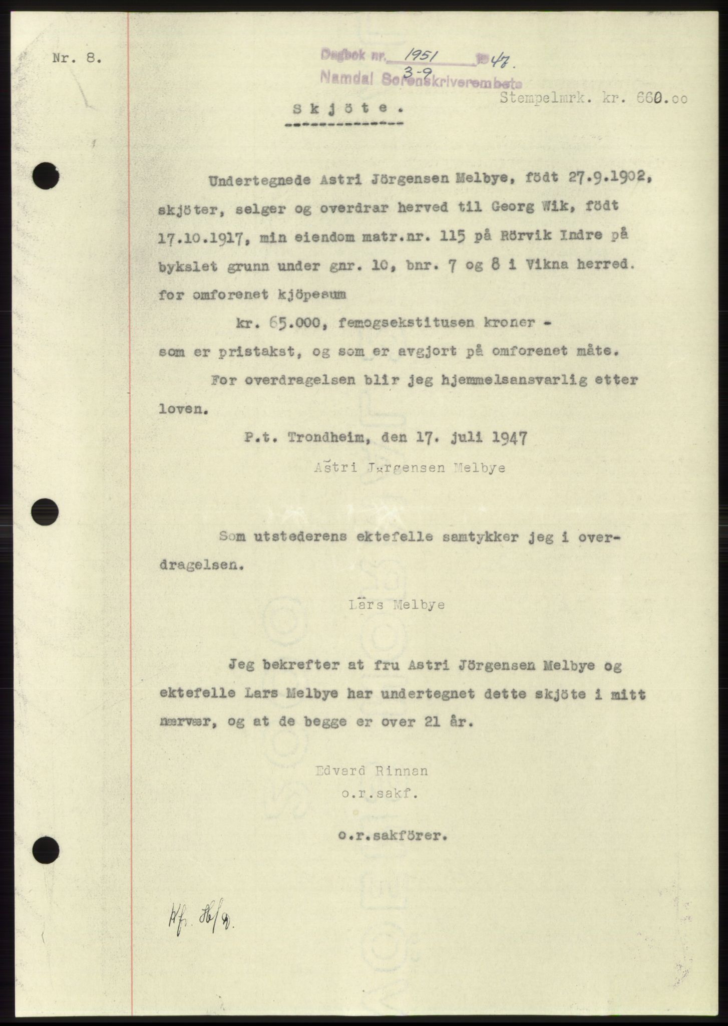 Namdal sorenskriveri, SAT/A-4133/1/2/2C: Pantebok nr. -, 1947-1947, Dagboknr: 1951/1947