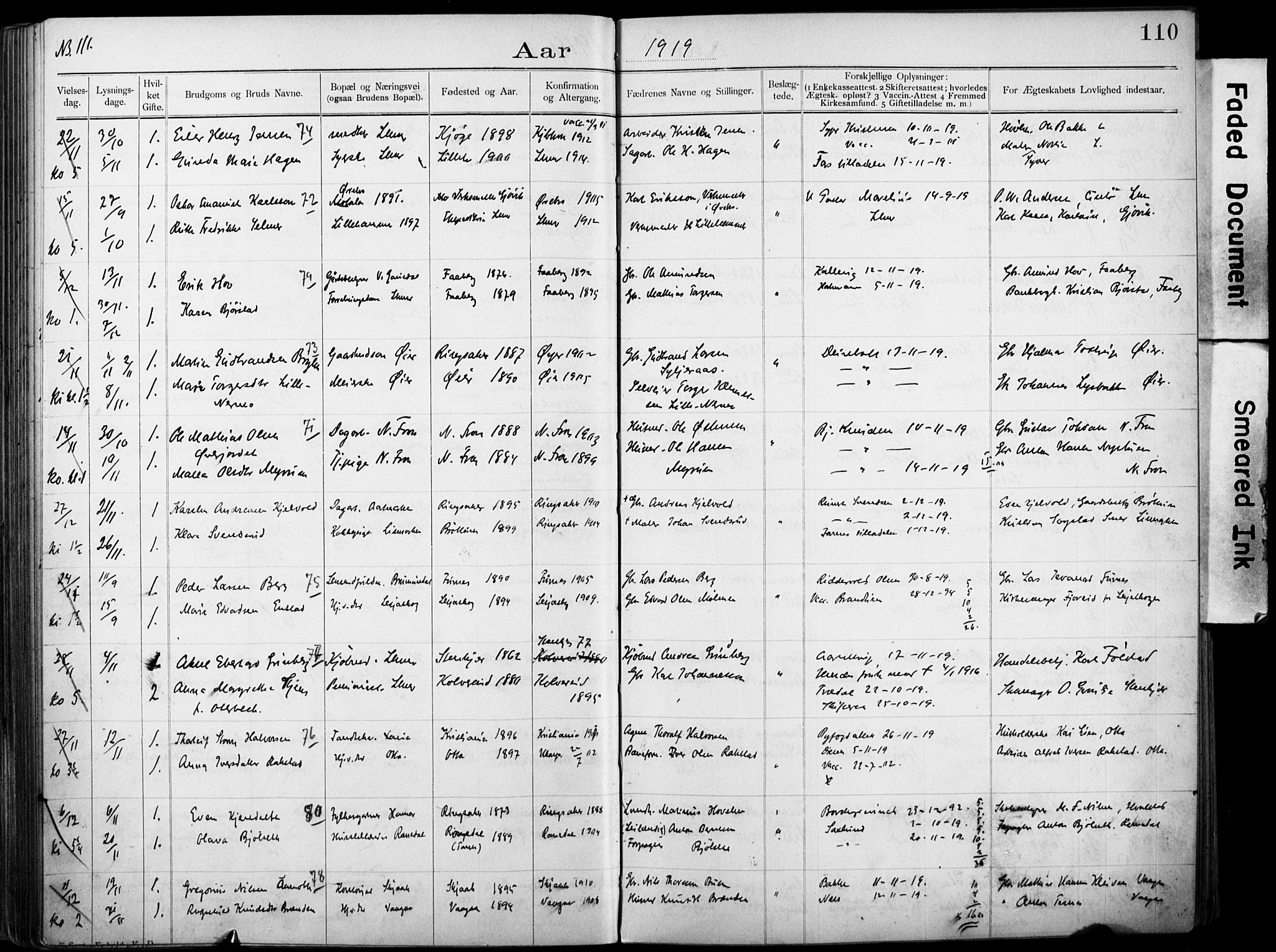 Lillehammer prestekontor, AV/SAH-PREST-088/I/Ie: Lysningsprotokoll nr. 1, 1903-1932, s. 110