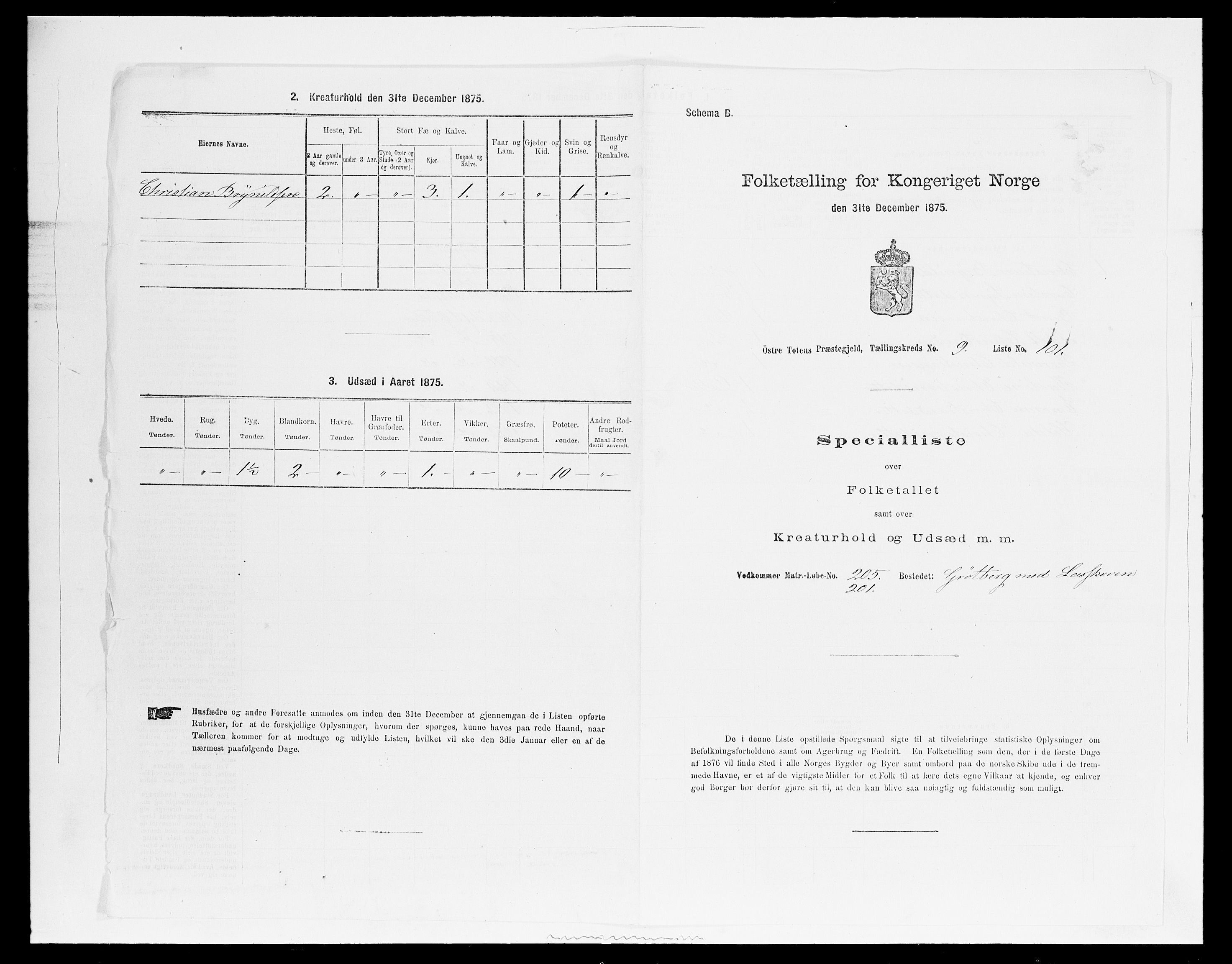 SAH, Folketelling 1875 for 0528P Østre Toten prestegjeld, 1875, s. 1815