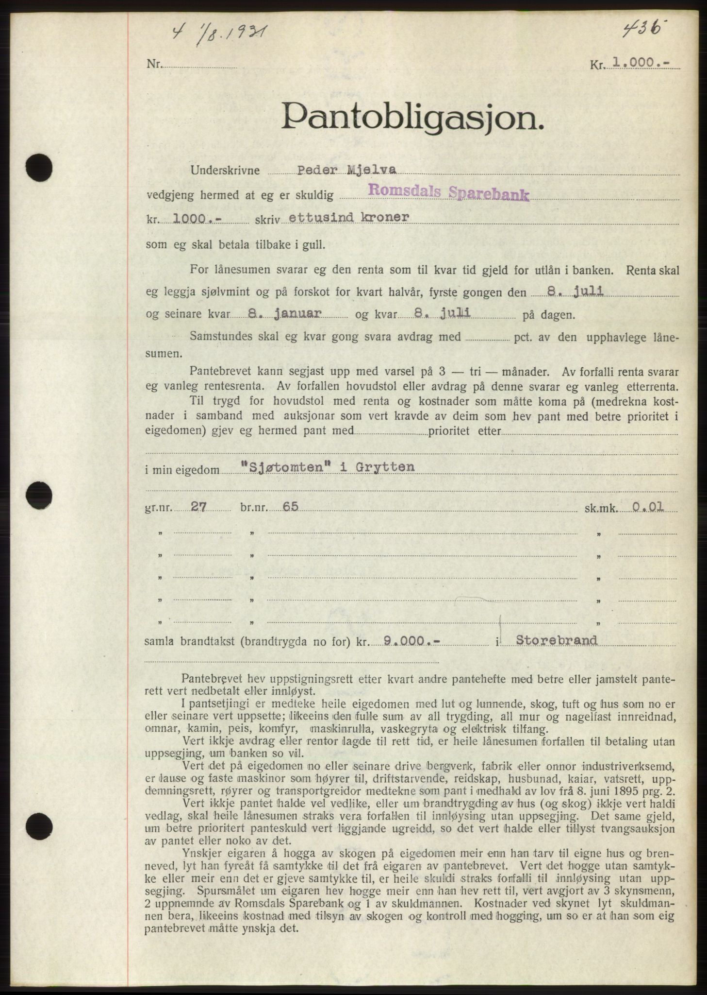 Romsdal sorenskriveri, AV/SAT-A-4149/1/2/2C/L0059: Pantebok nr. 53, 1931-1931, Tingl.dato: 01.08.1931