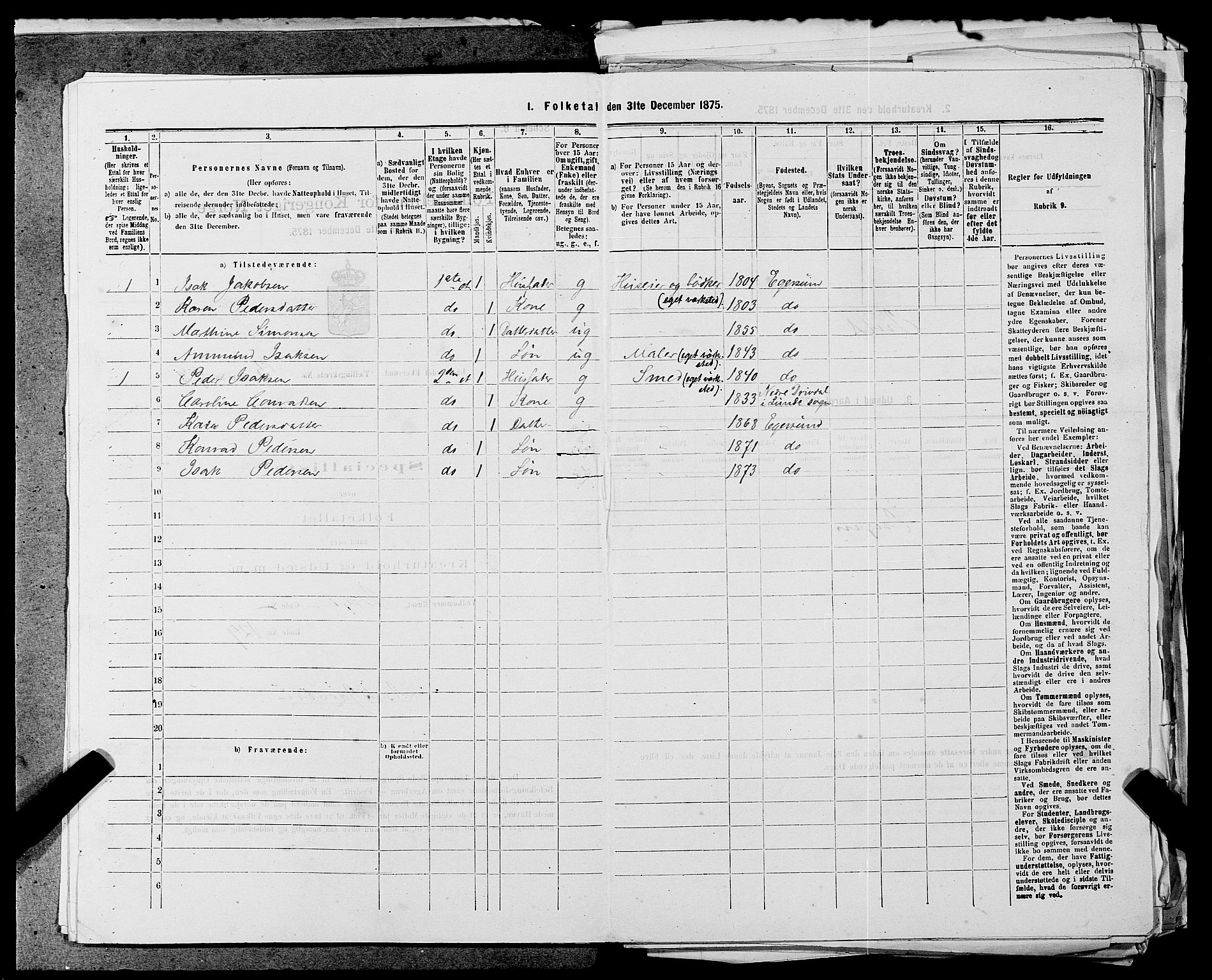 SAST, Folketelling 1875 for 1101B Eigersund prestegjeld, Egersund ladested, 1875, s. 209