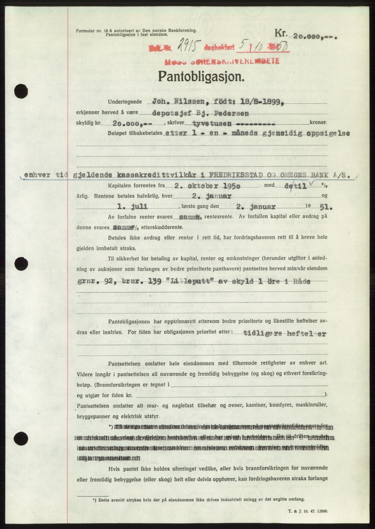 Moss sorenskriveri, SAO/A-10168: Pantebok nr. B25, 1950-1950, Dagboknr: 2915/1950
