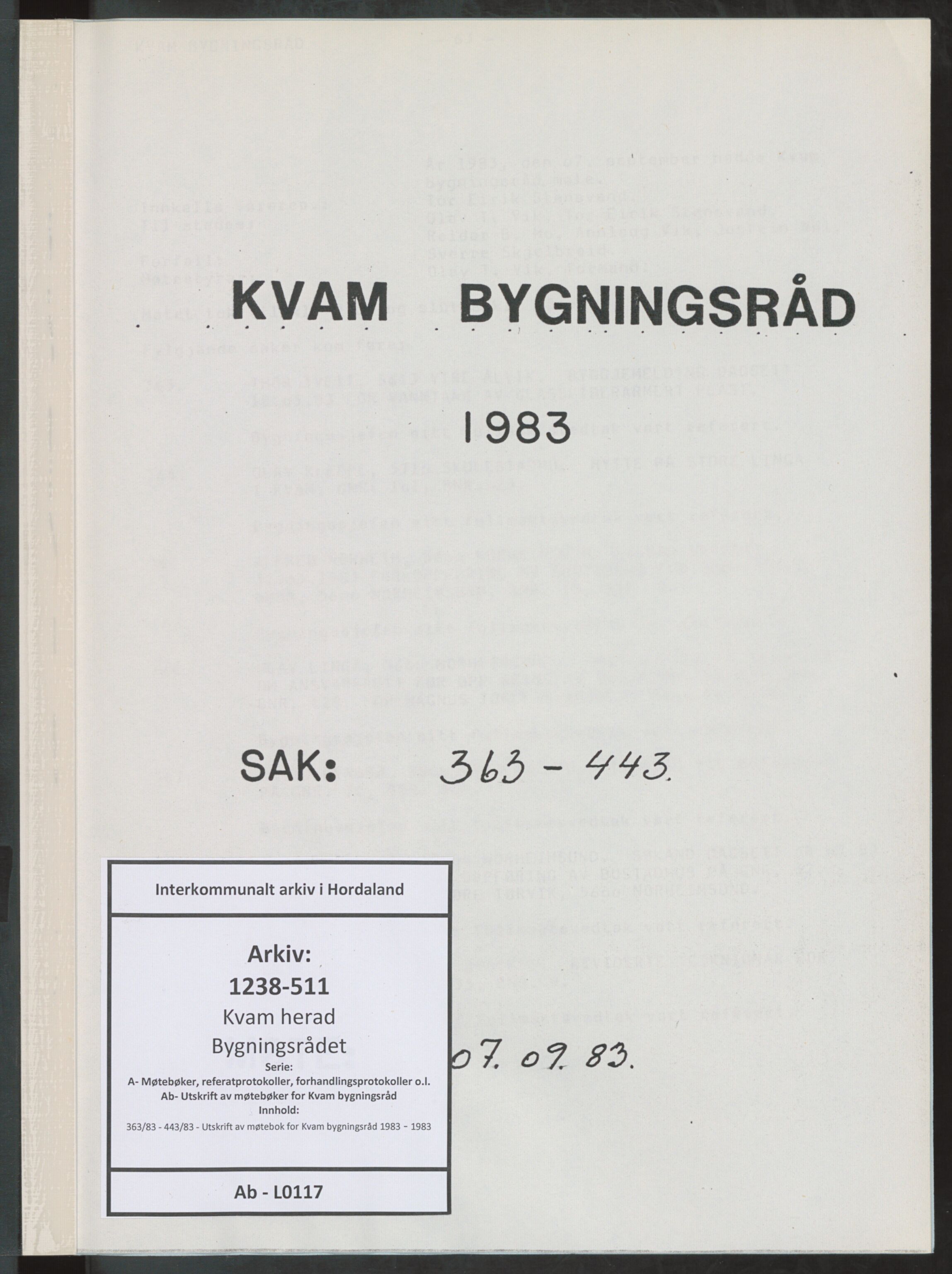 Kvam herad. Bygningsrådet, IKAH/1238-511/A/Ab/L0117: Utskrift av møtebok for Kvam bygningsråd, 1983