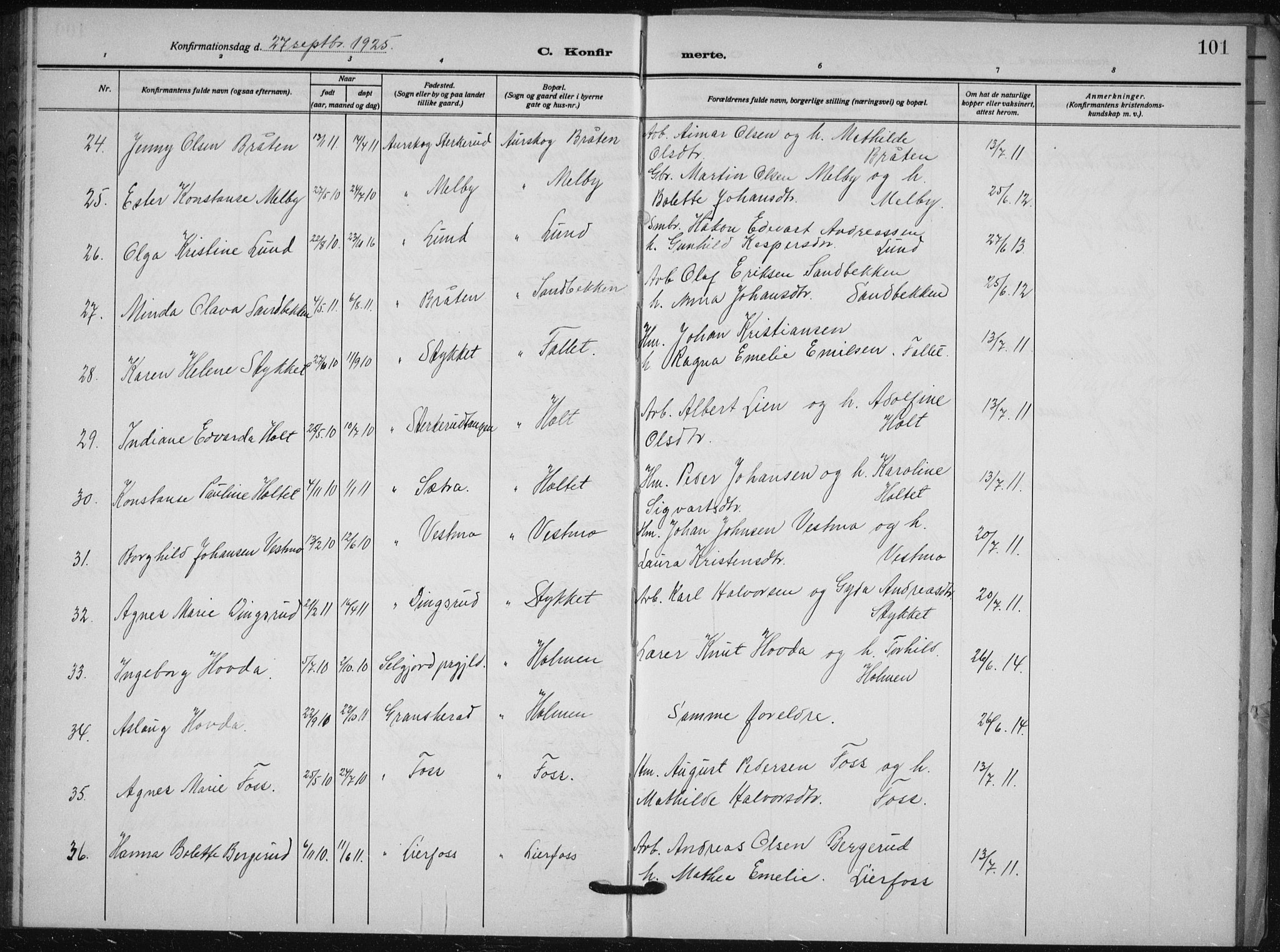 Aurskog prestekontor Kirkebøker, AV/SAO-A-10304a/G/Ga/L0006: Klokkerbok nr. I 6, 1923-1939, s. 101