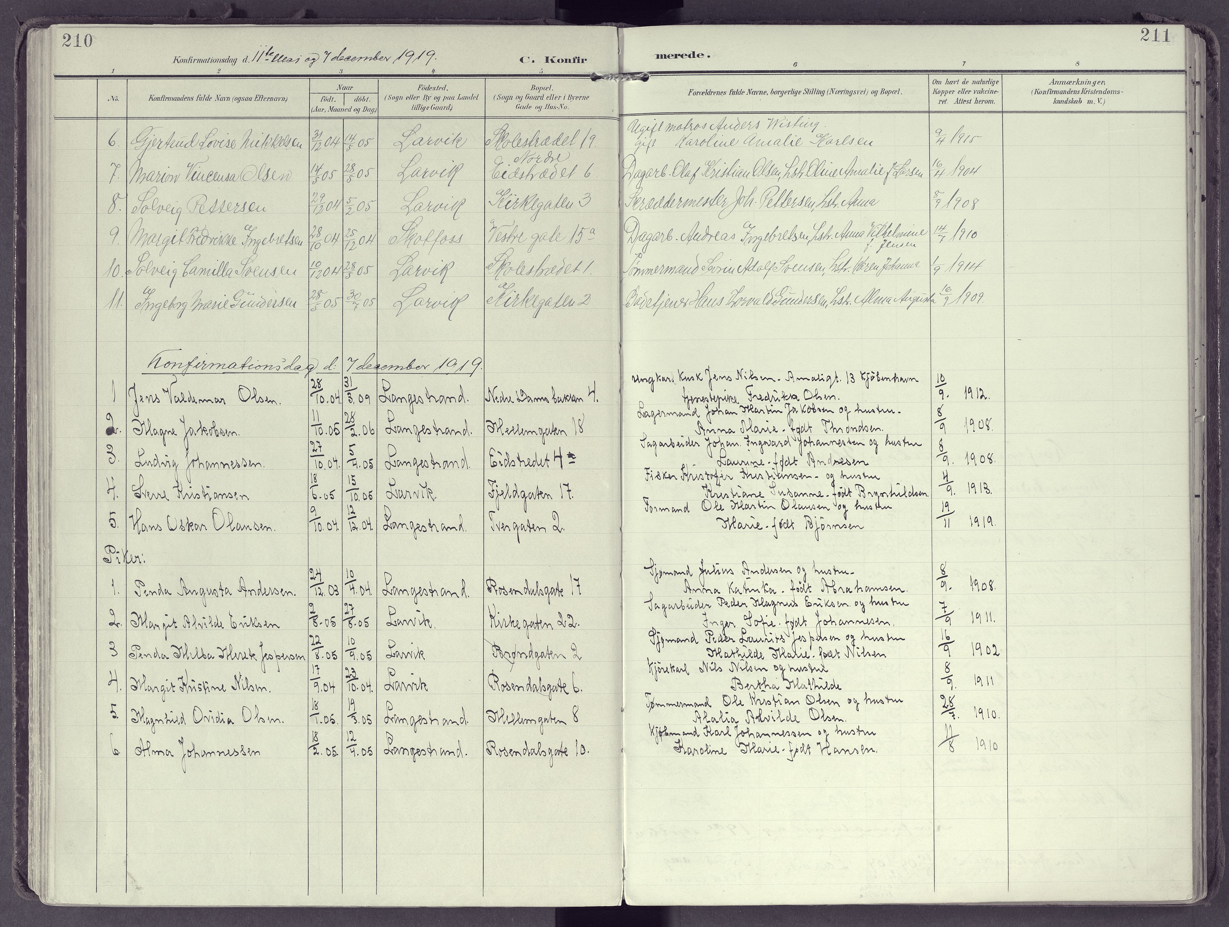 Larvik kirkebøker, SAKO/A-352/F/Fb/L0005: Ministerialbok nr. II 5, 1903-1925, s. 210-211