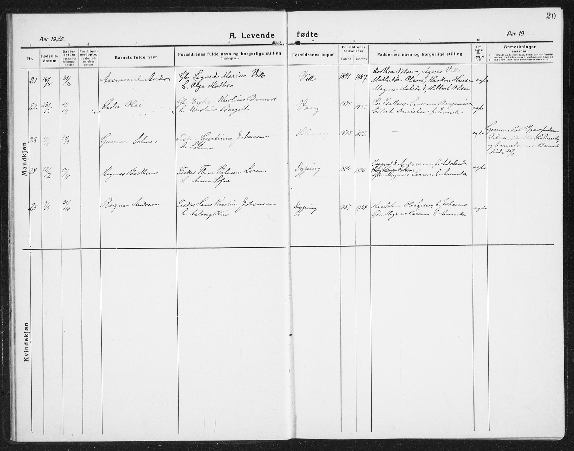 Ministerialprotokoller, klokkerbøker og fødselsregistre - Nordland, AV/SAT-A-1459/855/L0817: Klokkerbok nr. 855C06, 1917-1934, s. 20