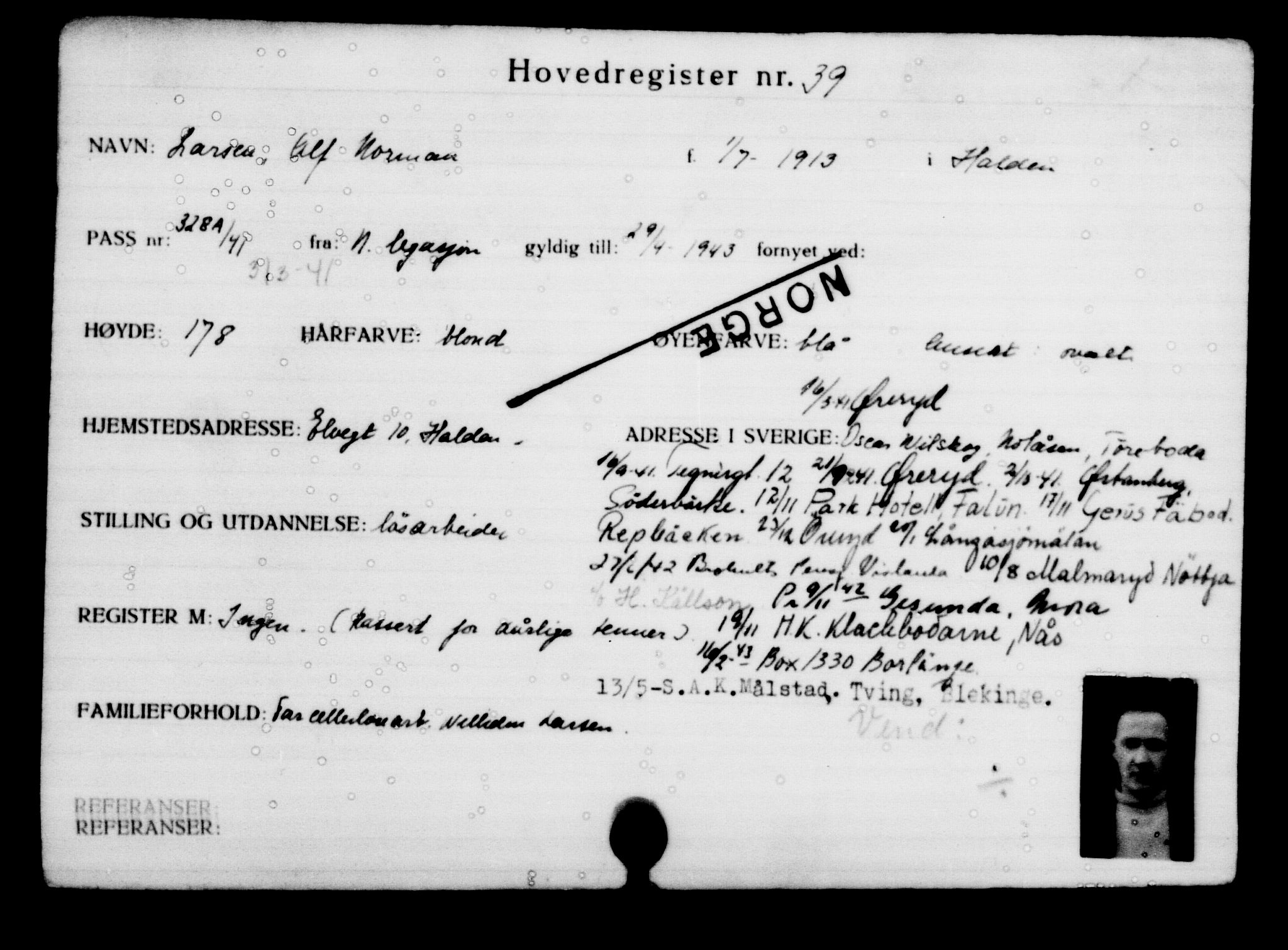 Utenriksstasjonene, Legasjonen i Stockholm, Flyktningkontoret, AV/RA-S-6753/V/Va/L0001: Kjesäterkartoteket, flyktninger med registreringsnr. 1-1000, 1940-1945, s. 65