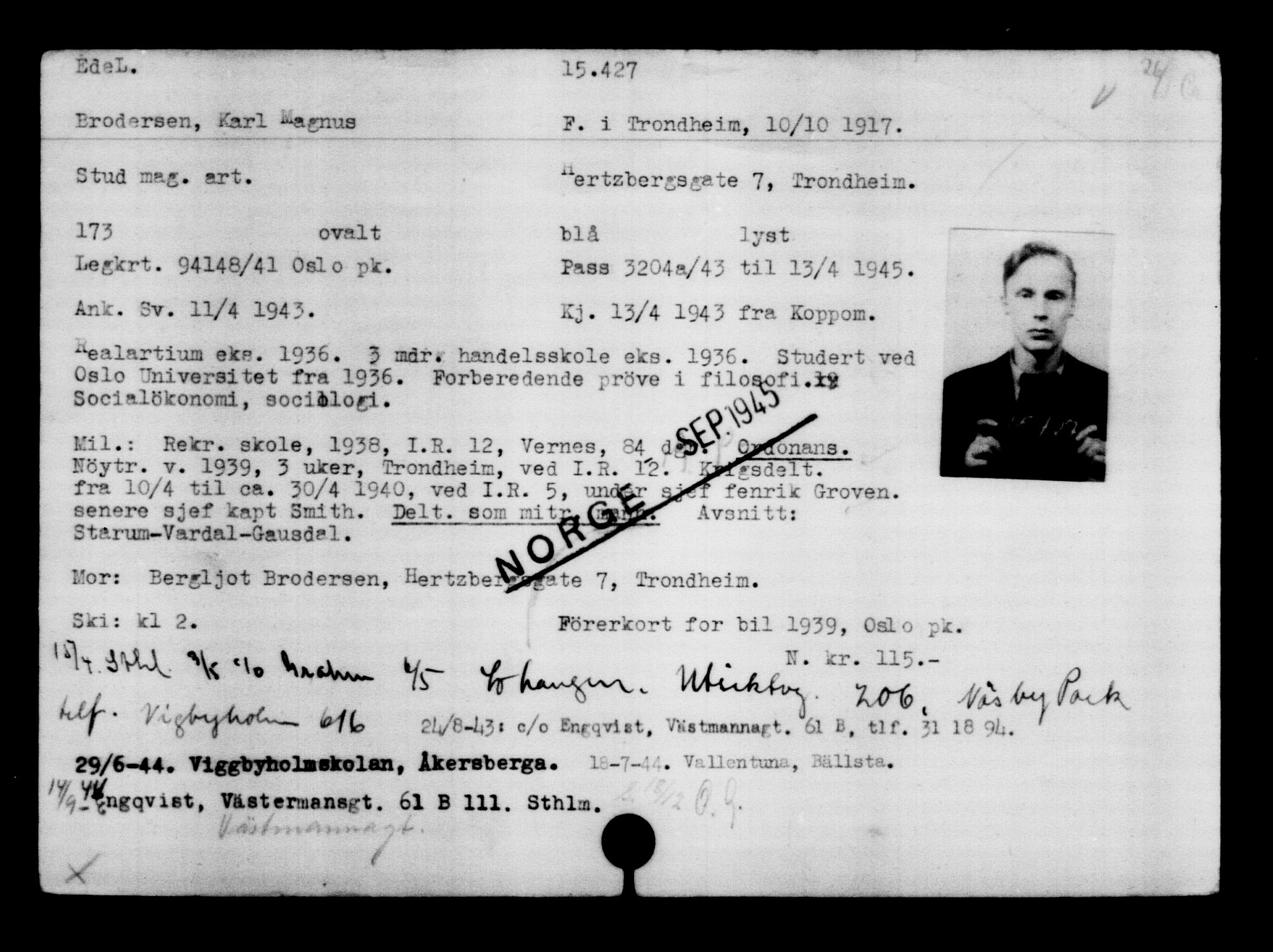 Utenriksstasjonene, Legasjonen i Stockholm, Flyktningkontoret, AV/RA-S-6753/V/Va/L0007: Kjesäterkartoteket, flyktninger med registreringsnr. 12700-15723, 1940-1945, s. 3125