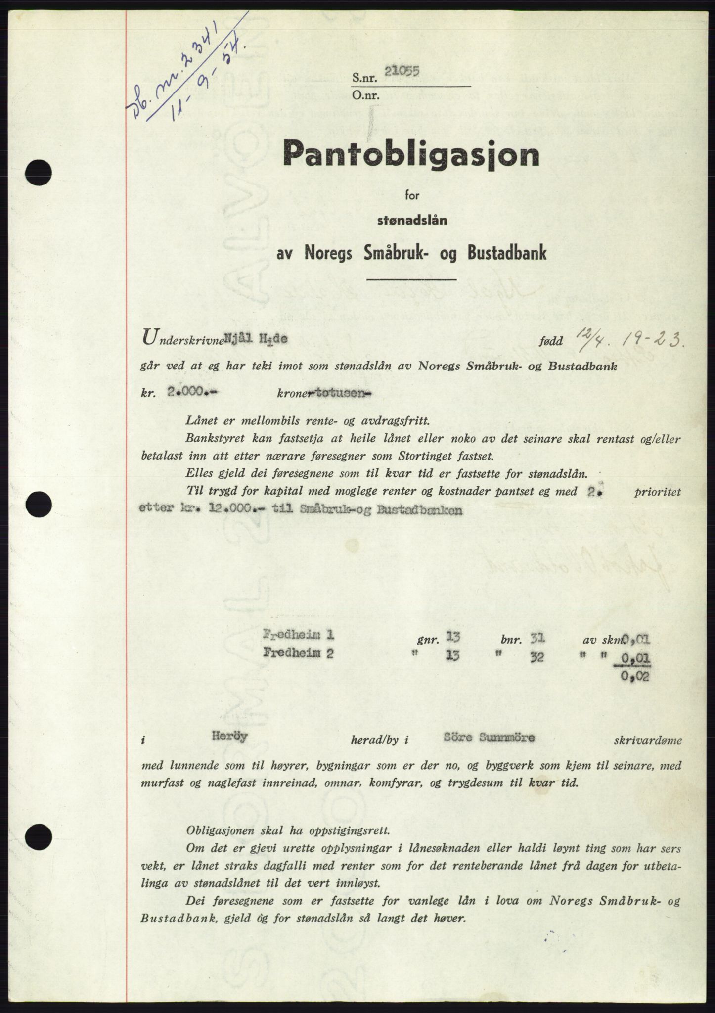 Søre Sunnmøre sorenskriveri, SAT/A-4122/1/2/2C/L0125: Pantebok nr. 13B, 1954-1954, Dagboknr: 2341/1954