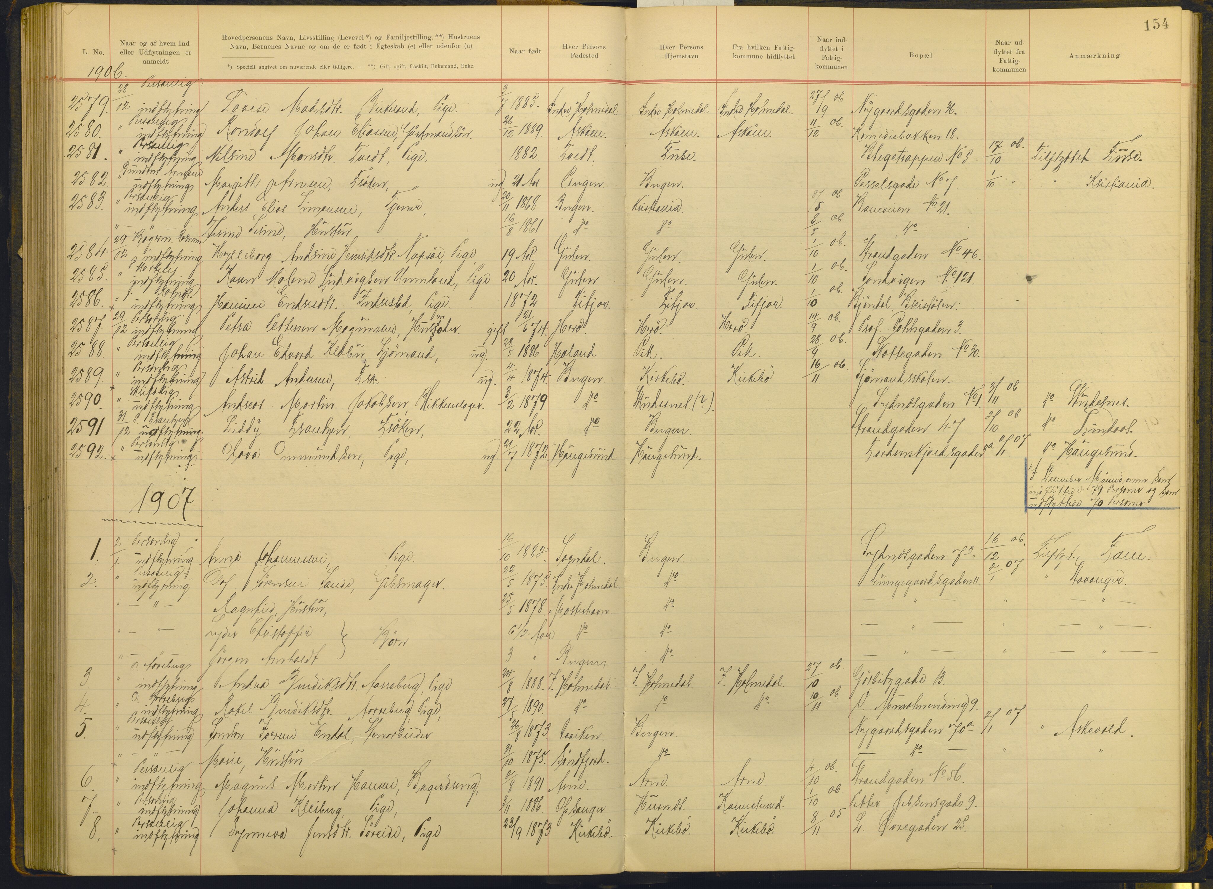 Bergen politikammer / politidistrikt, AV/SAB-A-60401/J.g/L0004: Protokoll over inn- og utflyttede, 1905-1908, s. 154