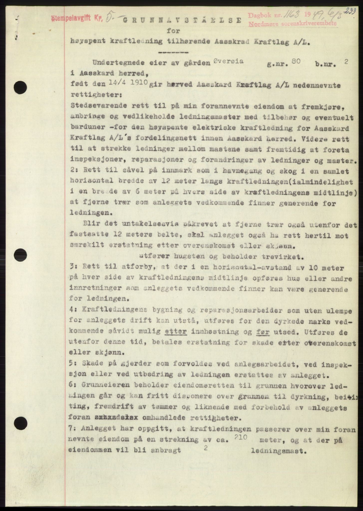 Nordmøre sorenskriveri, SAT/A-4132/1/2/2Ca: Pantebok nr. B101, 1949-1949, Dagboknr: 1163/1949
